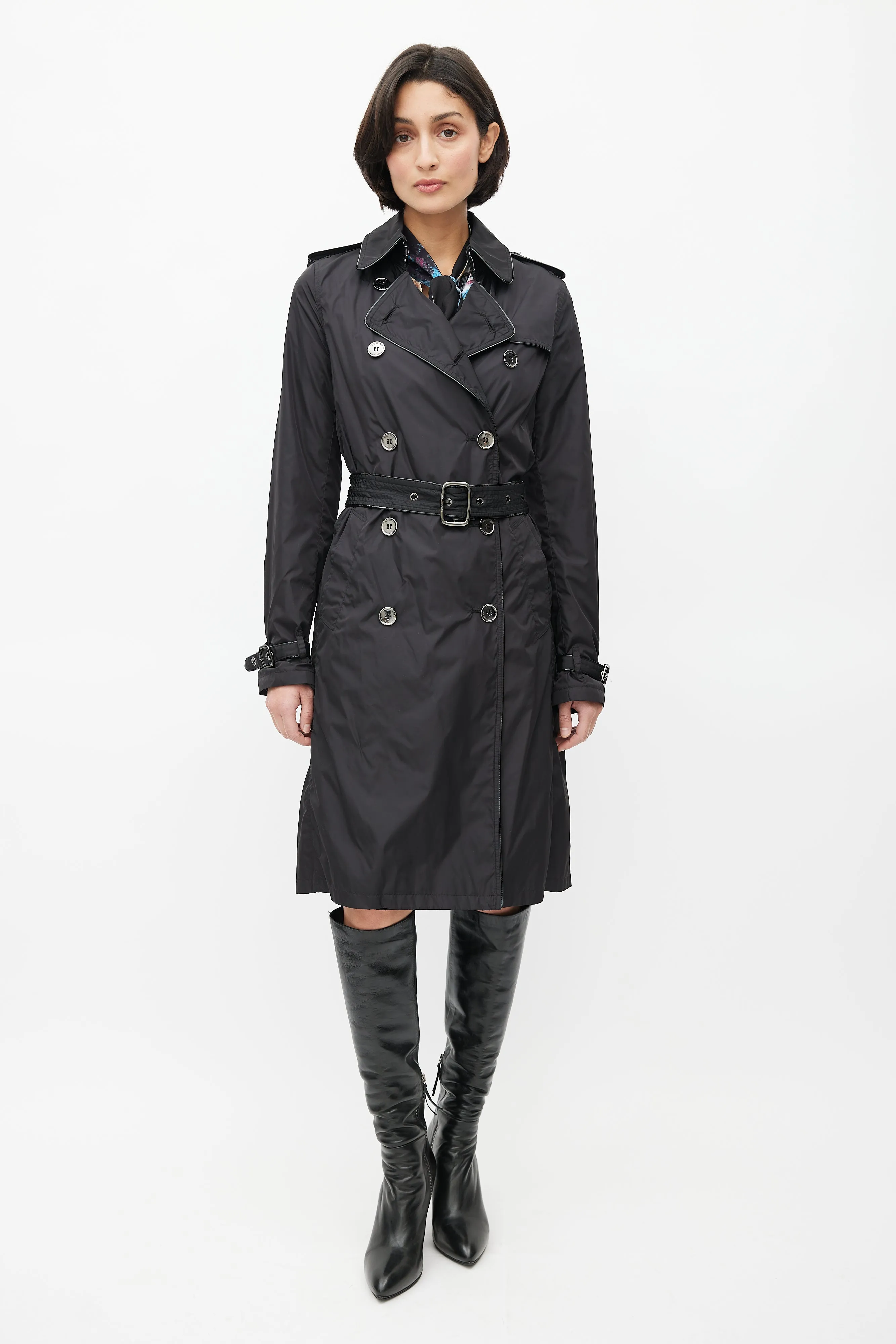 Black Double Breasted Packable Belted Trench Coat