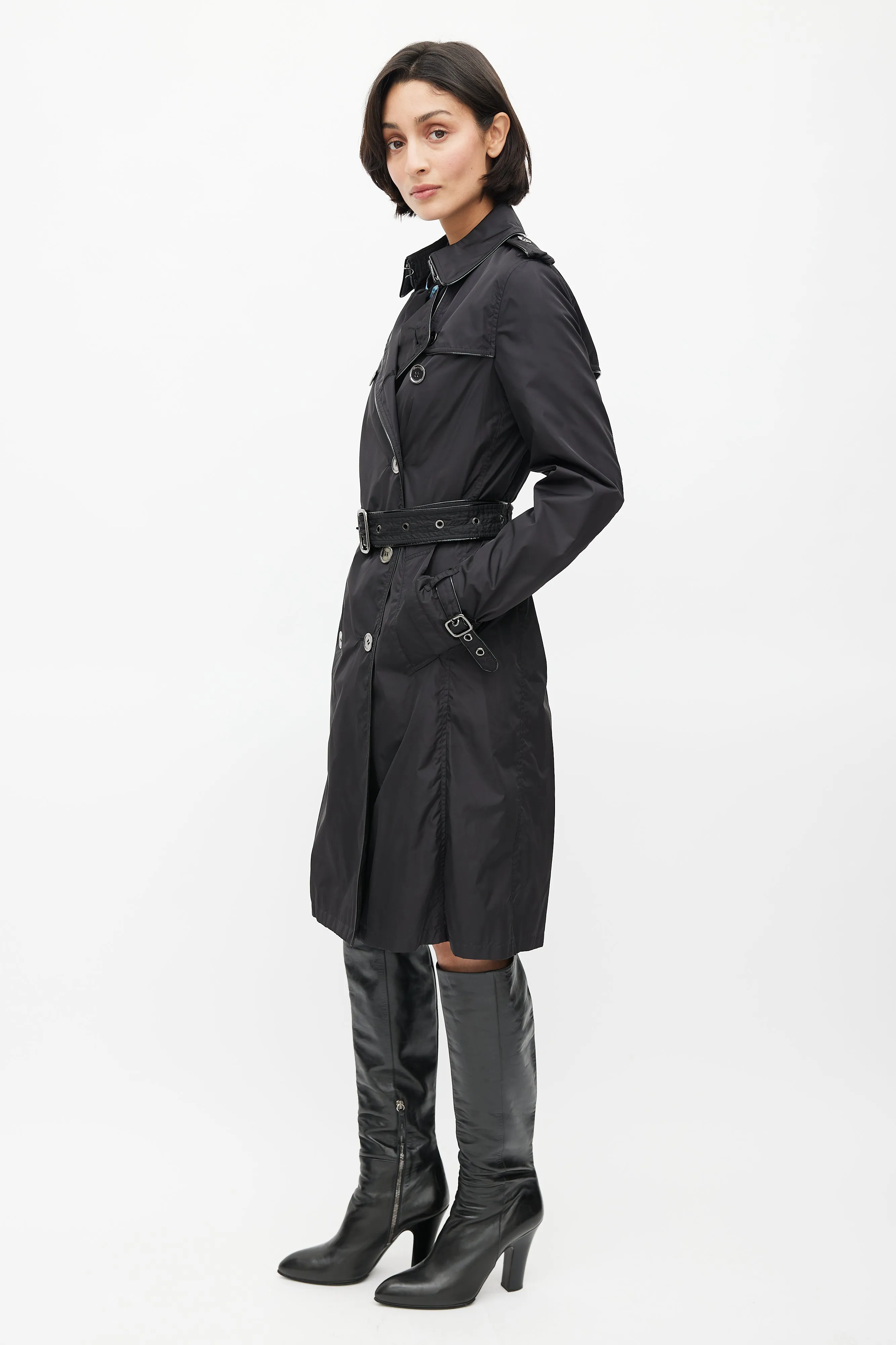 Black Double Breasted Packable Belted Trench Coat