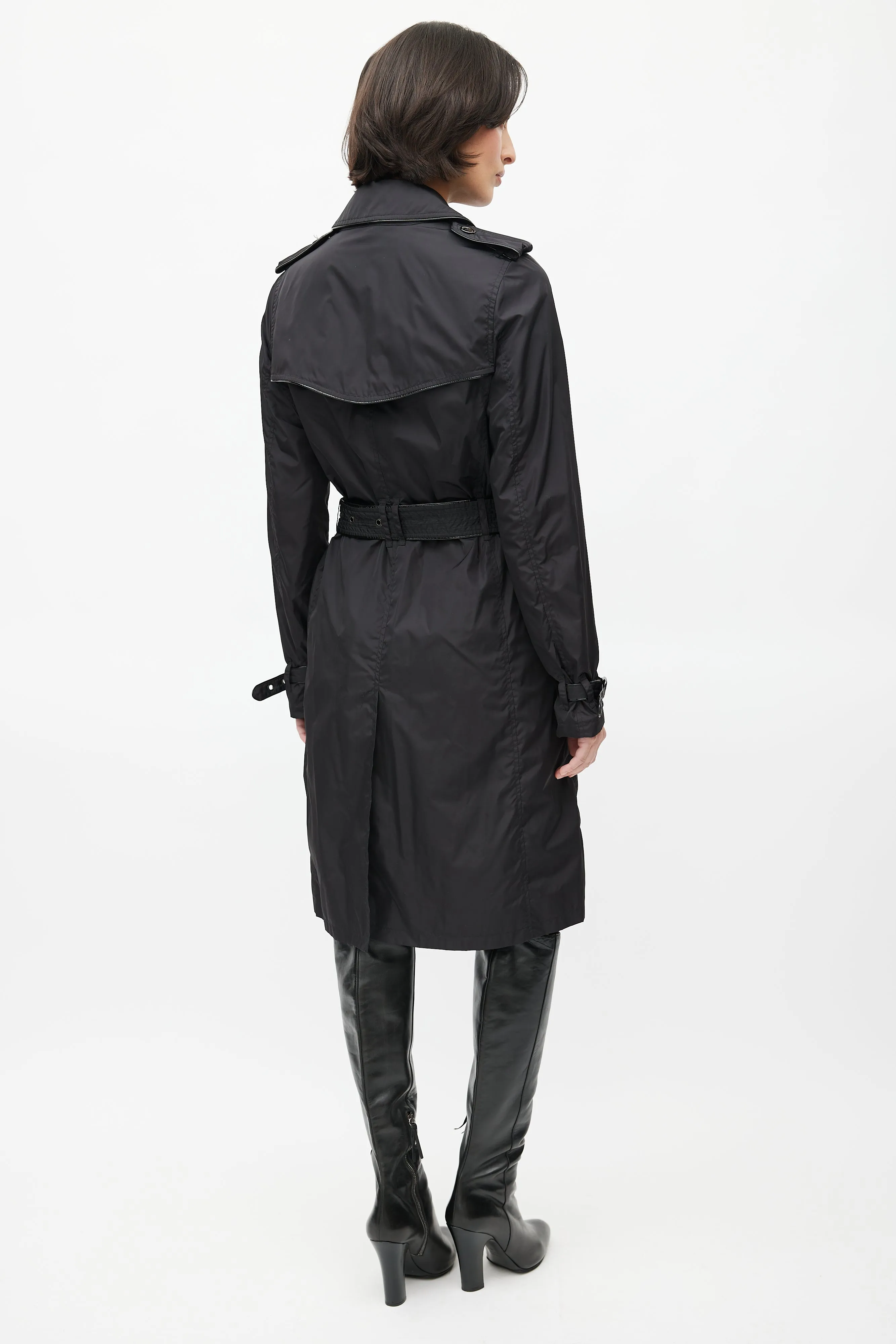 Black Double Breasted Packable Belted Trench Coat