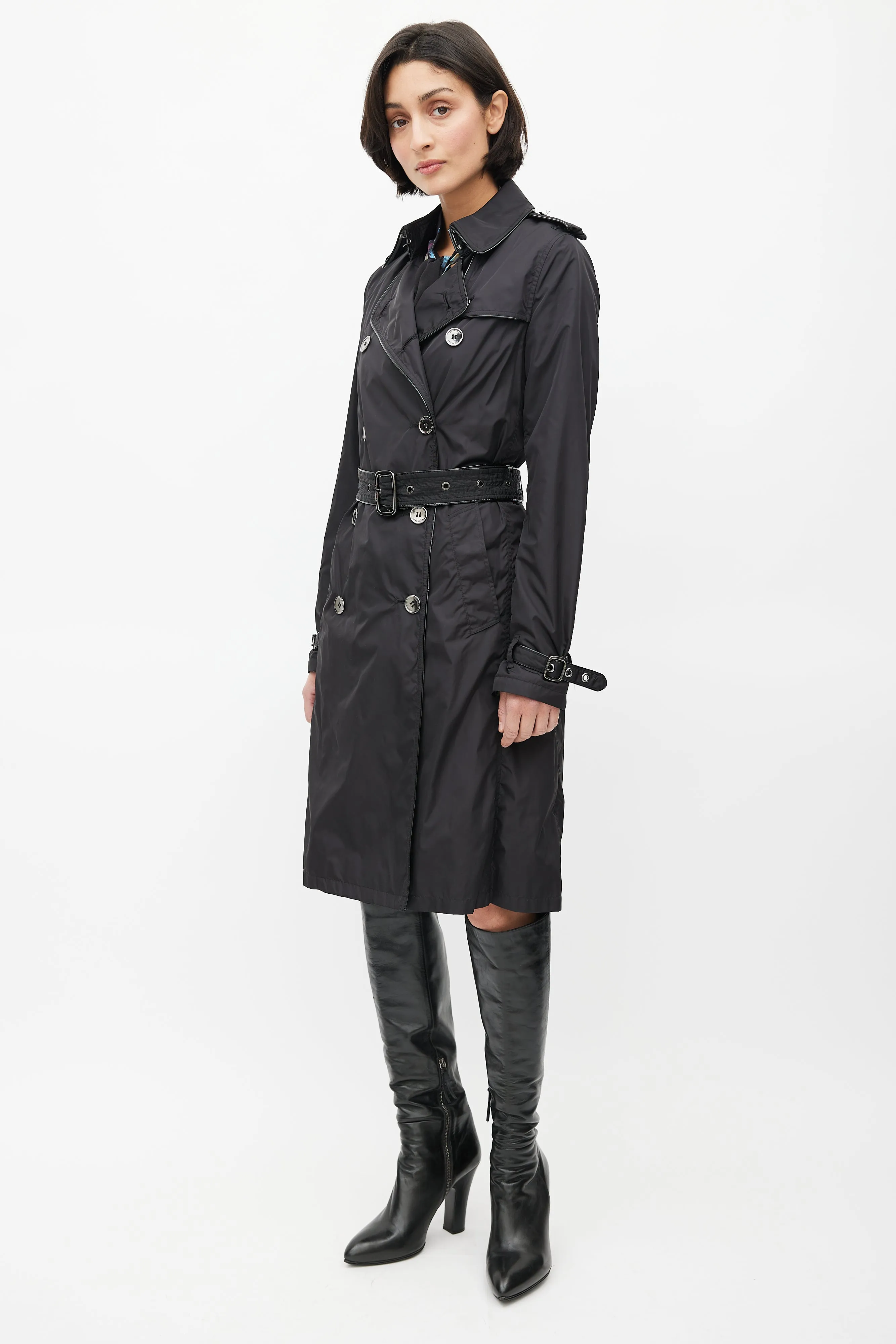 Black Double Breasted Packable Belted Trench Coat