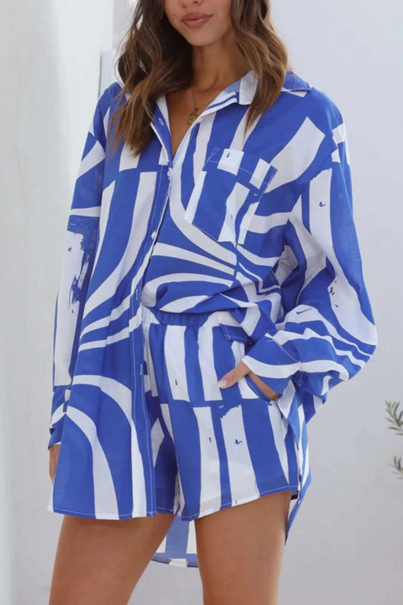 Blue Geometry Patchwork Printed Long Sleeve Shirt Shorts Suits