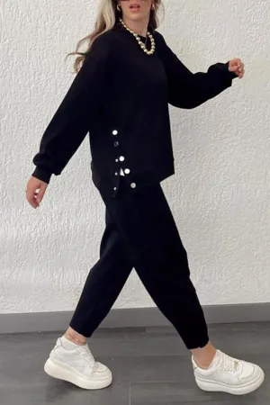 Button Slit Hem Sweatshirt Suits
