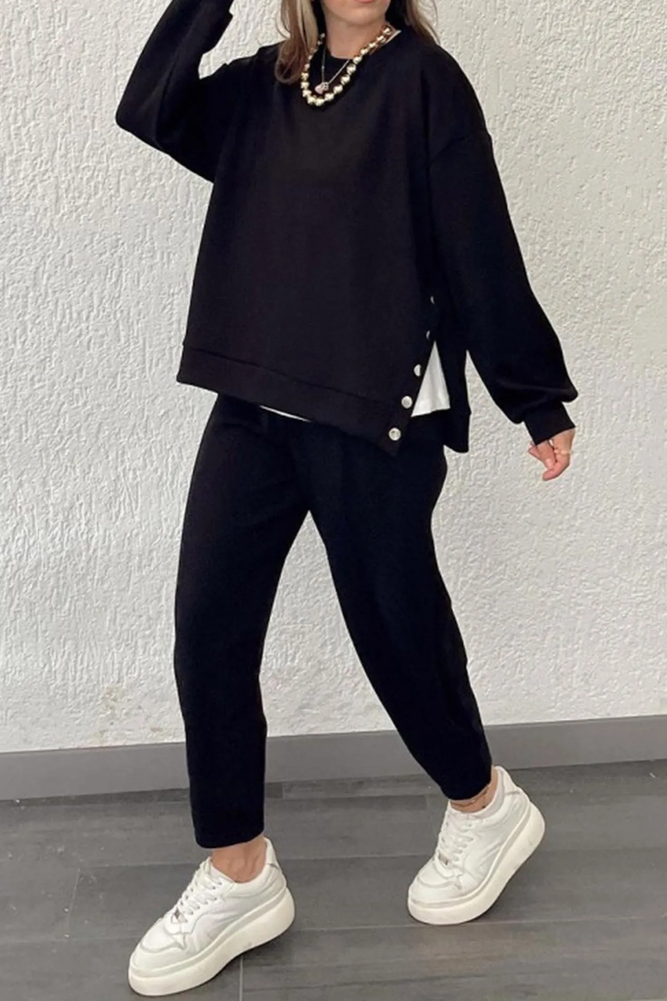 Button Slit Hem Sweatshirt Suits