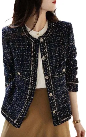 CHONG FENG XIA Vintage Woolen Tweed Black Jackets - Women's Fall Wool Blend Short Coat, Korean Casual Office