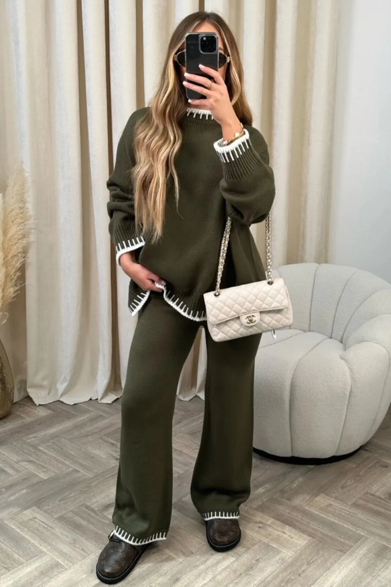 Crew Neck Slit Hem Knitted Pants Suits