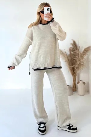 Crew Neck Slit Hem Knitted Pants Suits