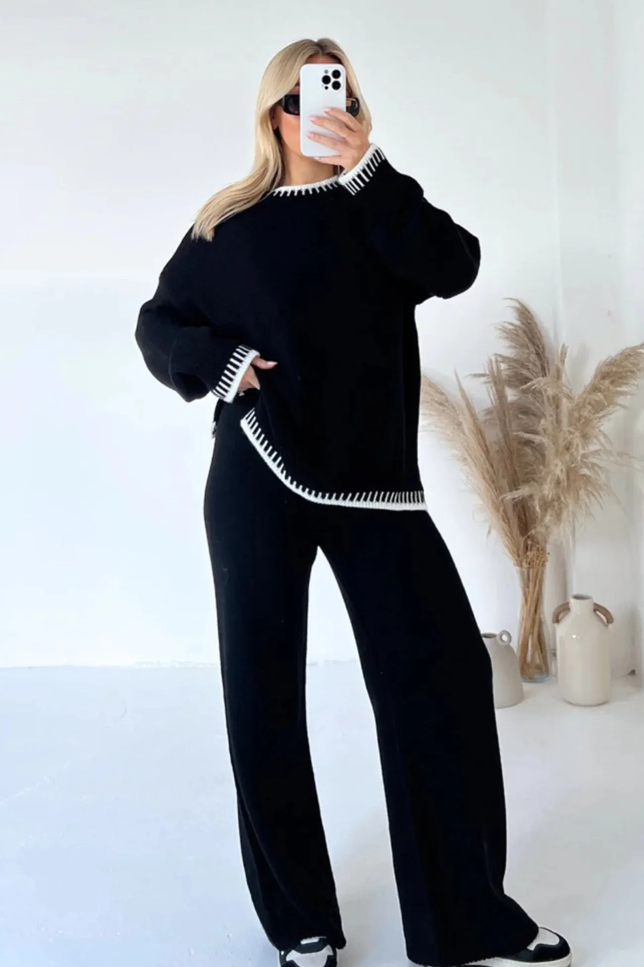 Crew Neck Slit Hem Knitted Pants Suits