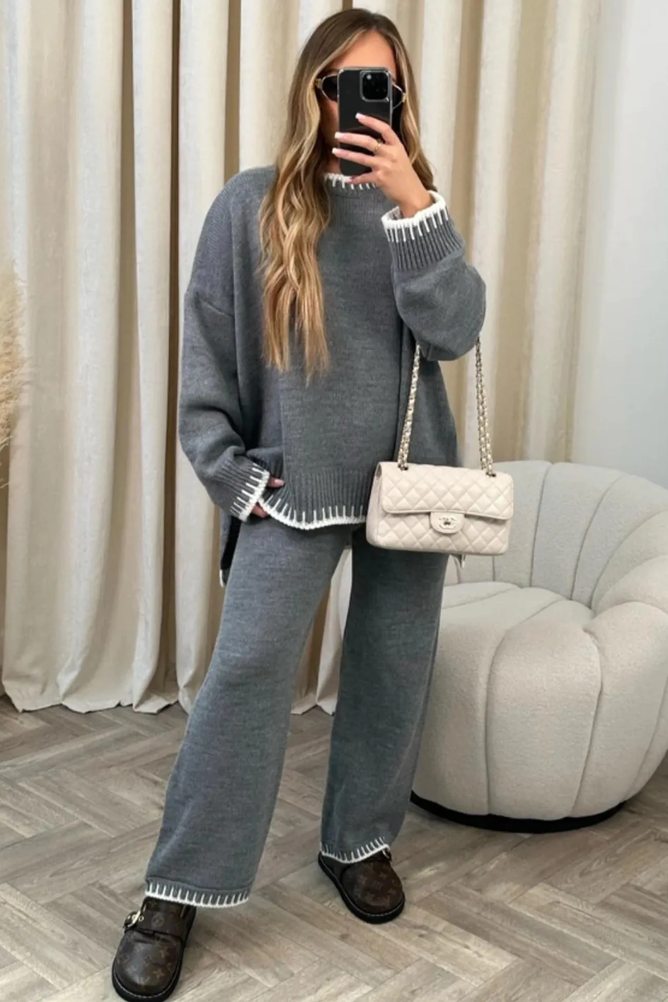 Crew Neck Slit Hem Knitted Pants Suits