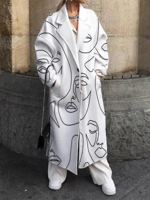 Figure Printed Long Sleeves Loose Notched Collar Trench Coats Outerwear
