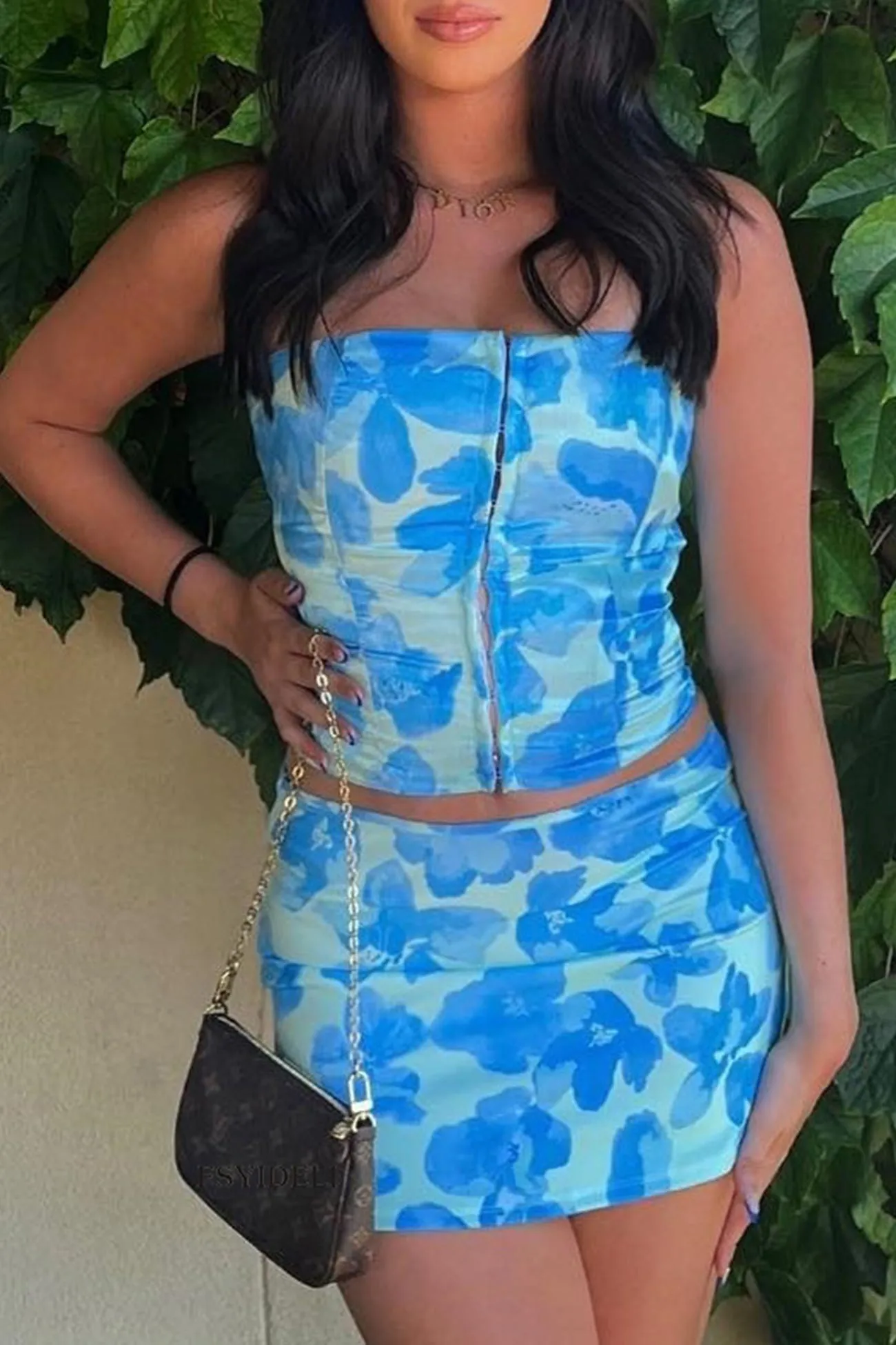 Floral Print Crisscross Backless Strapless Crop Top Skirt Suits