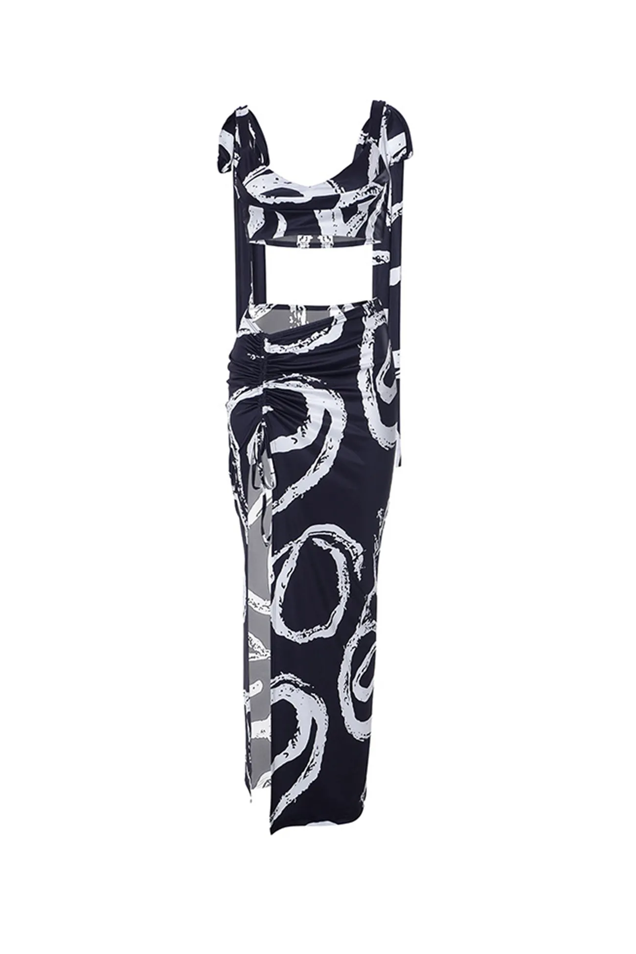 Graffiti Print Tie-straps Crop Top Drawstring Slit Skirt Suits