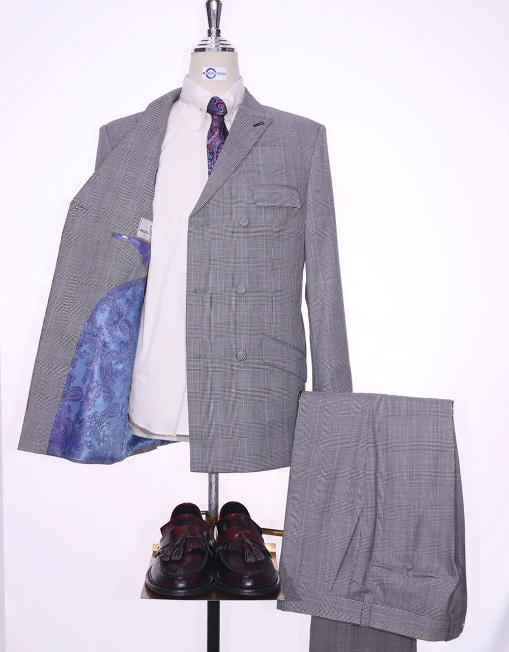 Grey Prince Of Wales Check Double Breasted Suit
