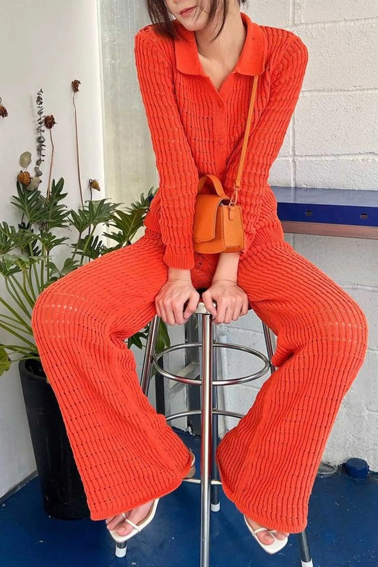 Hollow Out Knit Shirt Long Pants Suits