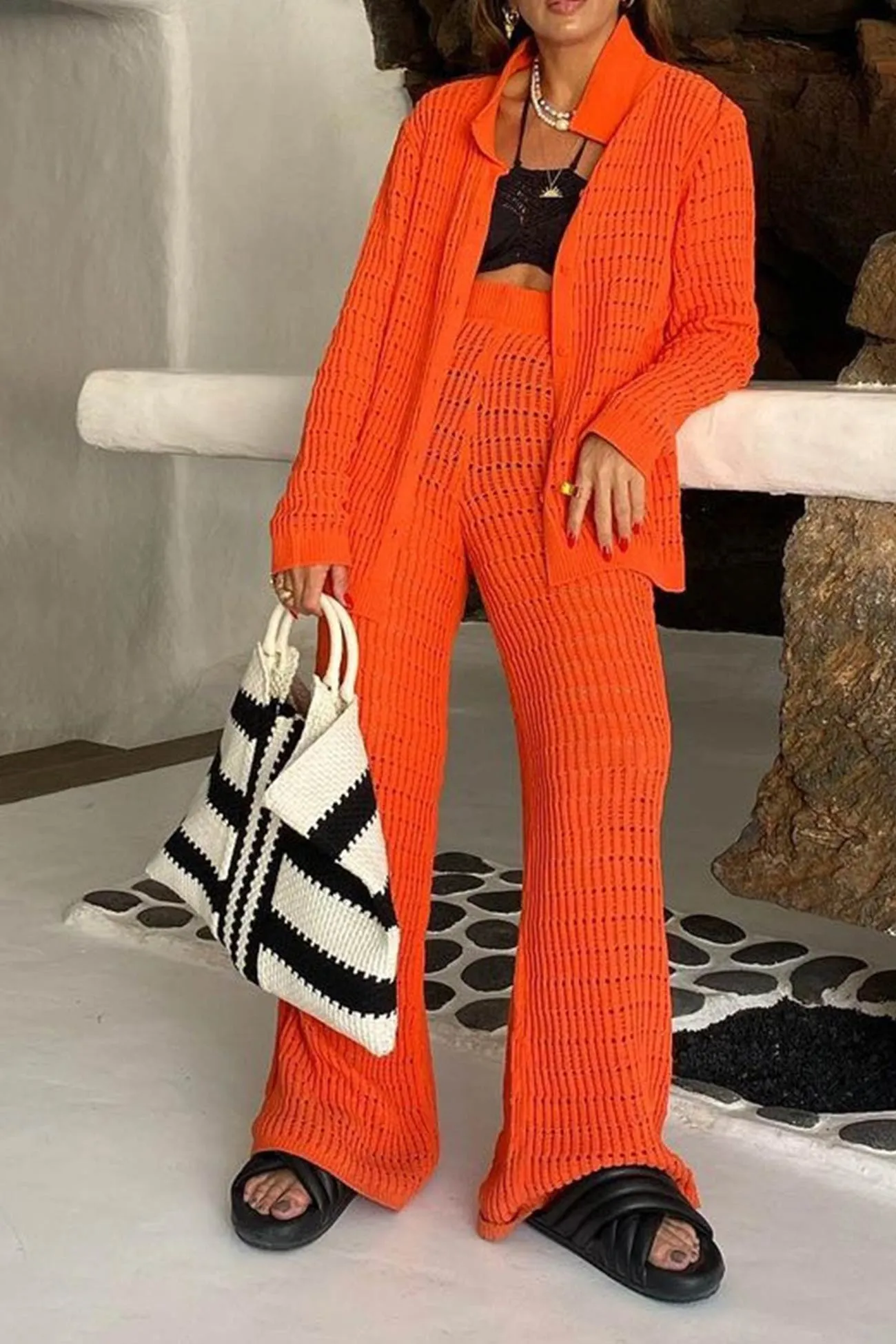 Hollow Out Knit Shirt Long Pants Suits