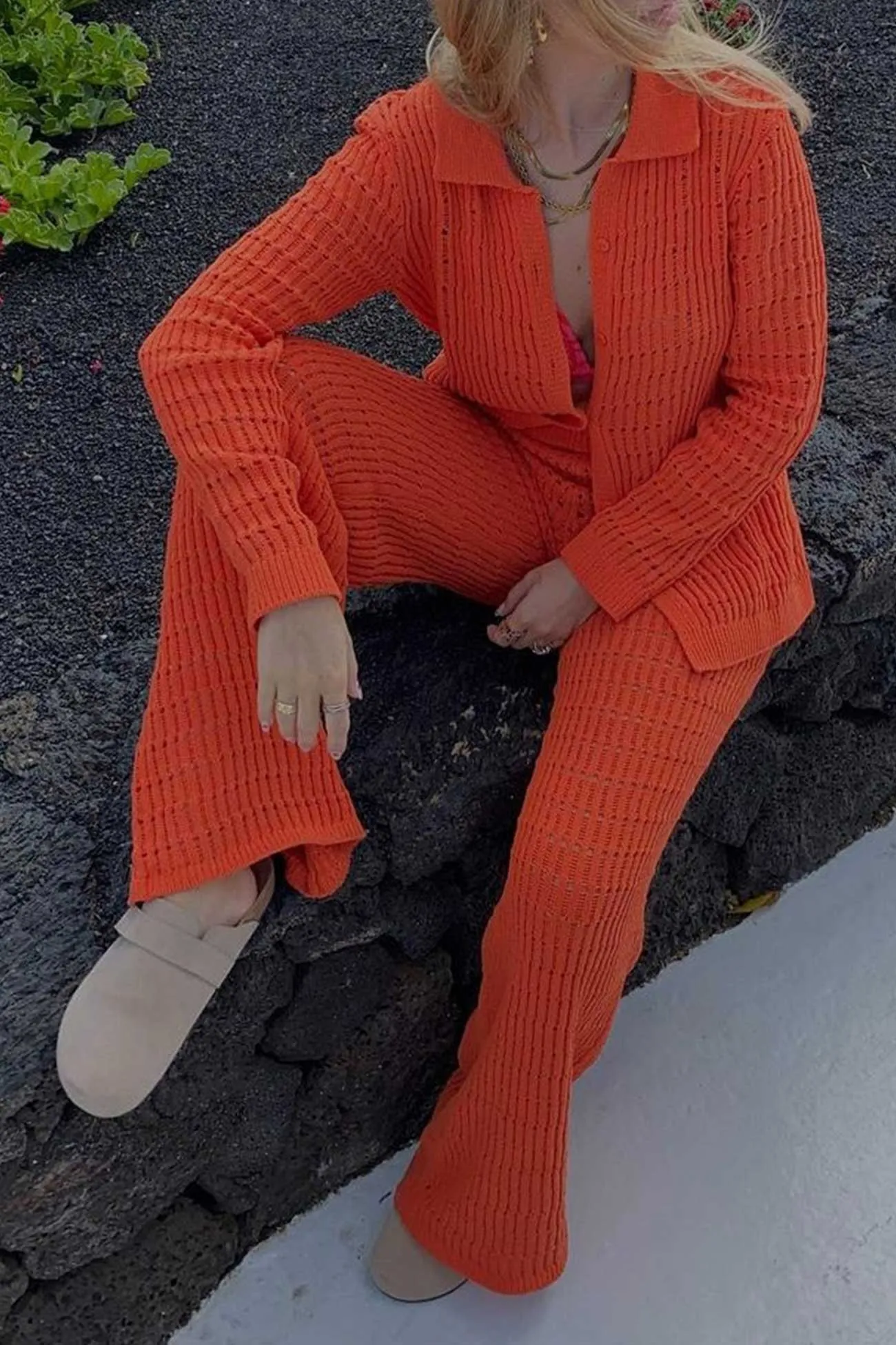 Hollow Out Knit Shirt Long Pants Suits