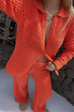 Hollow Out Knit Shirt Long Pants Suits