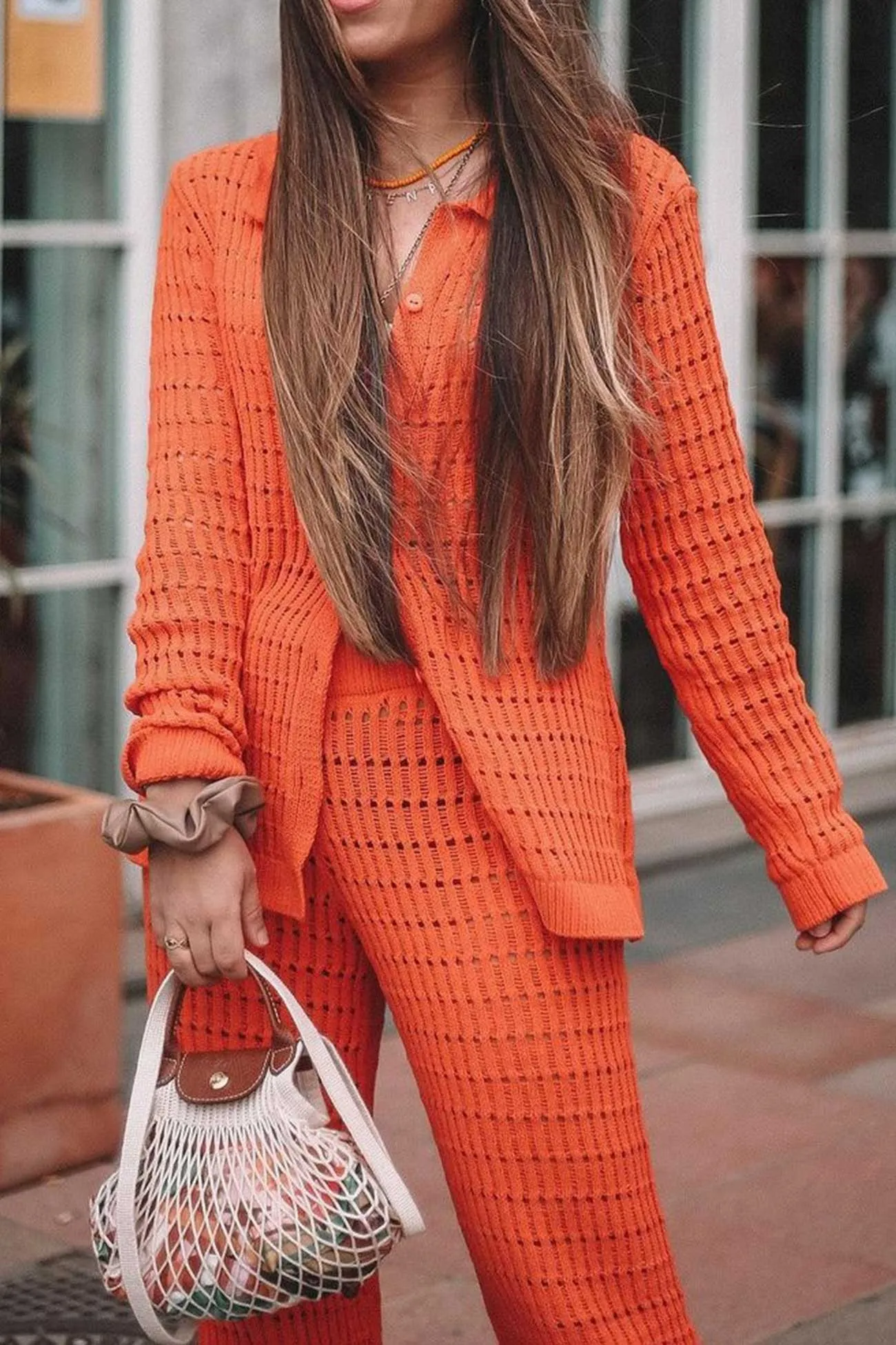 Hollow Out Knit Shirt Long Pants Suits