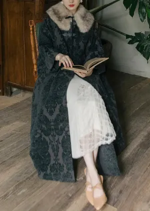 Jacquard Black Fox Collar Button Thick Silk Velour Long Trench Coats Long Sleeve ML1180