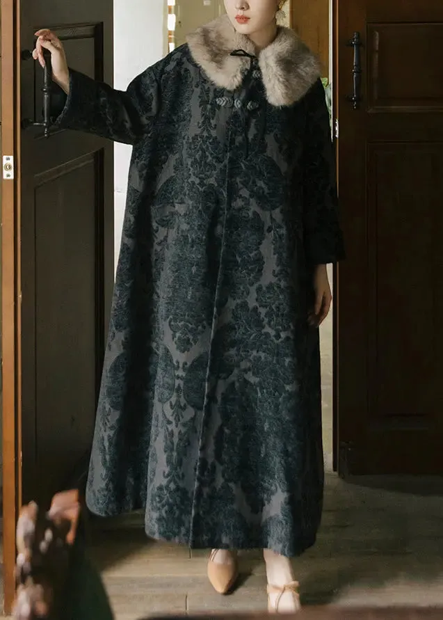 Jacquard Black Fox Collar Button Thick Silk Velour Long Trench Coats Long Sleeve ML1180