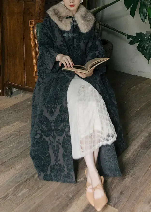 Jacquard Black Fox Collar Button Thick Silk Velour Long Trench Coats Long Sleeve ML1180