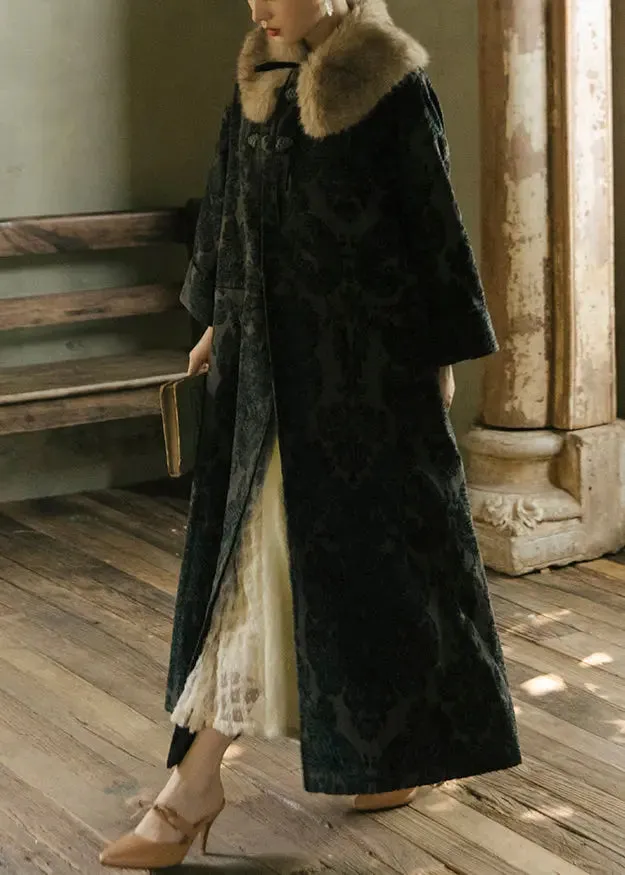 Jacquard Black Fox Collar Button Thick Silk Velour Long Trench Coats Long Sleeve ML1180