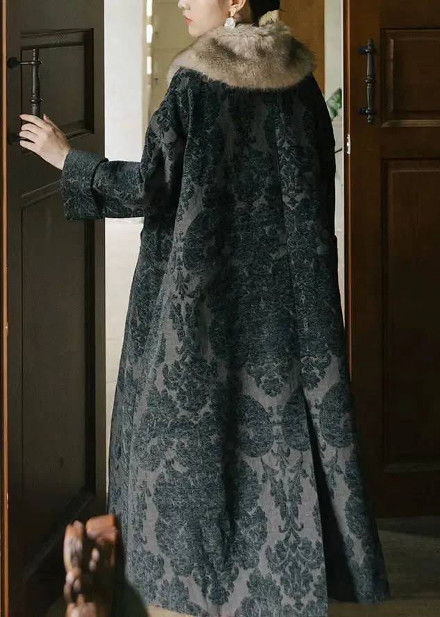Jacquard Black Fox Collar Button Thick Silk Velour Long Trench Coats Long Sleeve ML1180