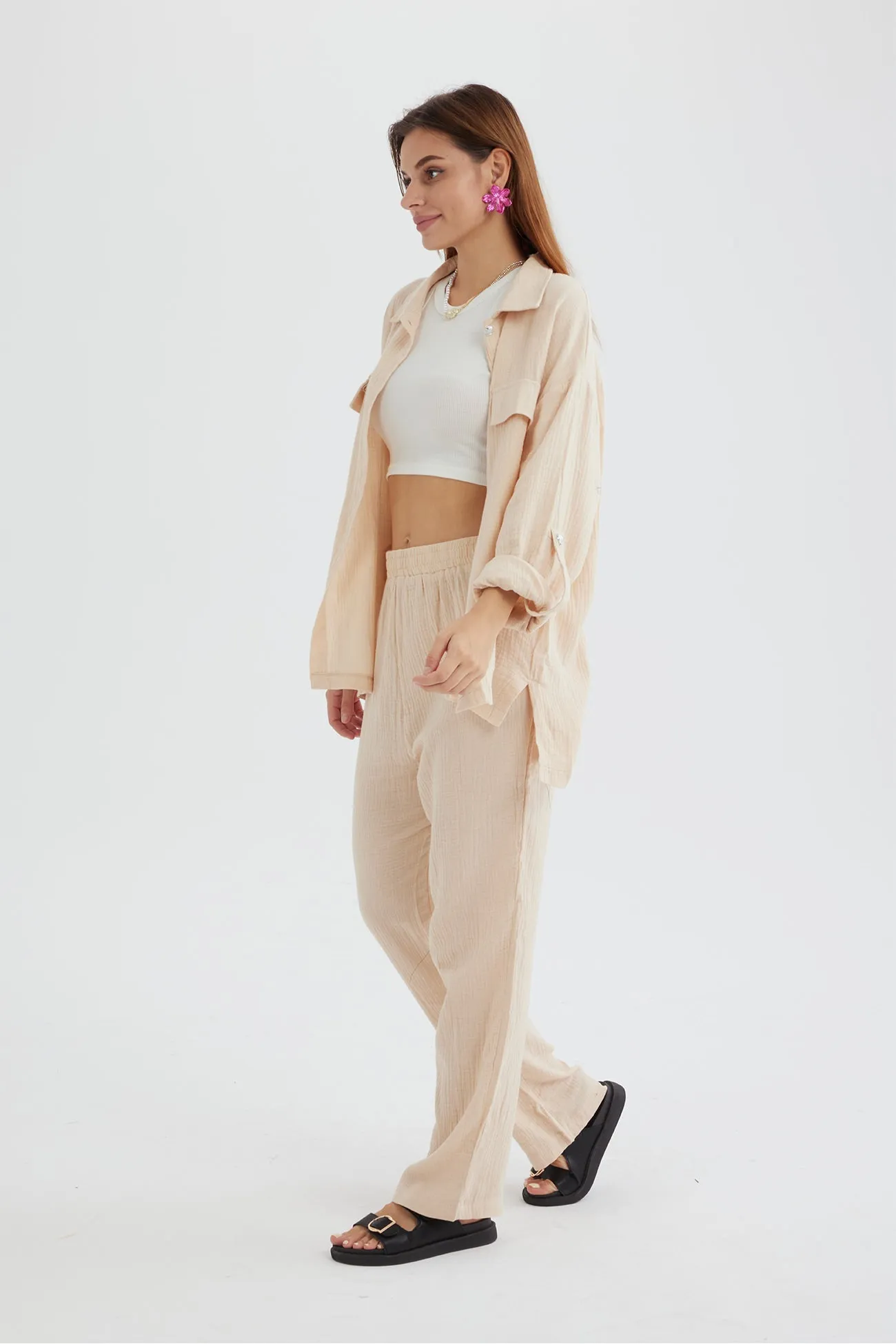 Long Sleeve Pocketed Slit Shirt Long Pants Suits