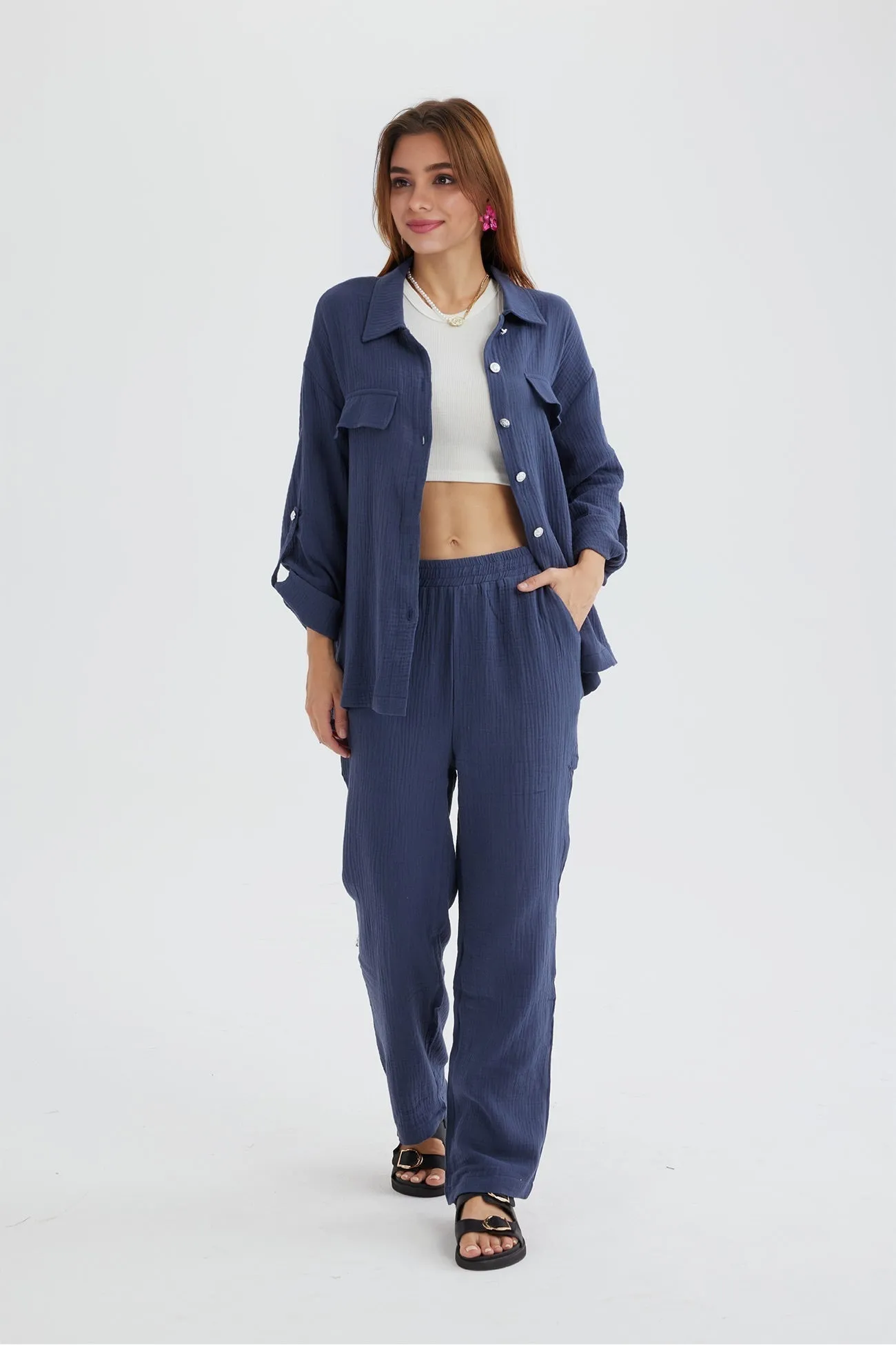 Long Sleeve Pocketed Slit Shirt Long Pants Suits