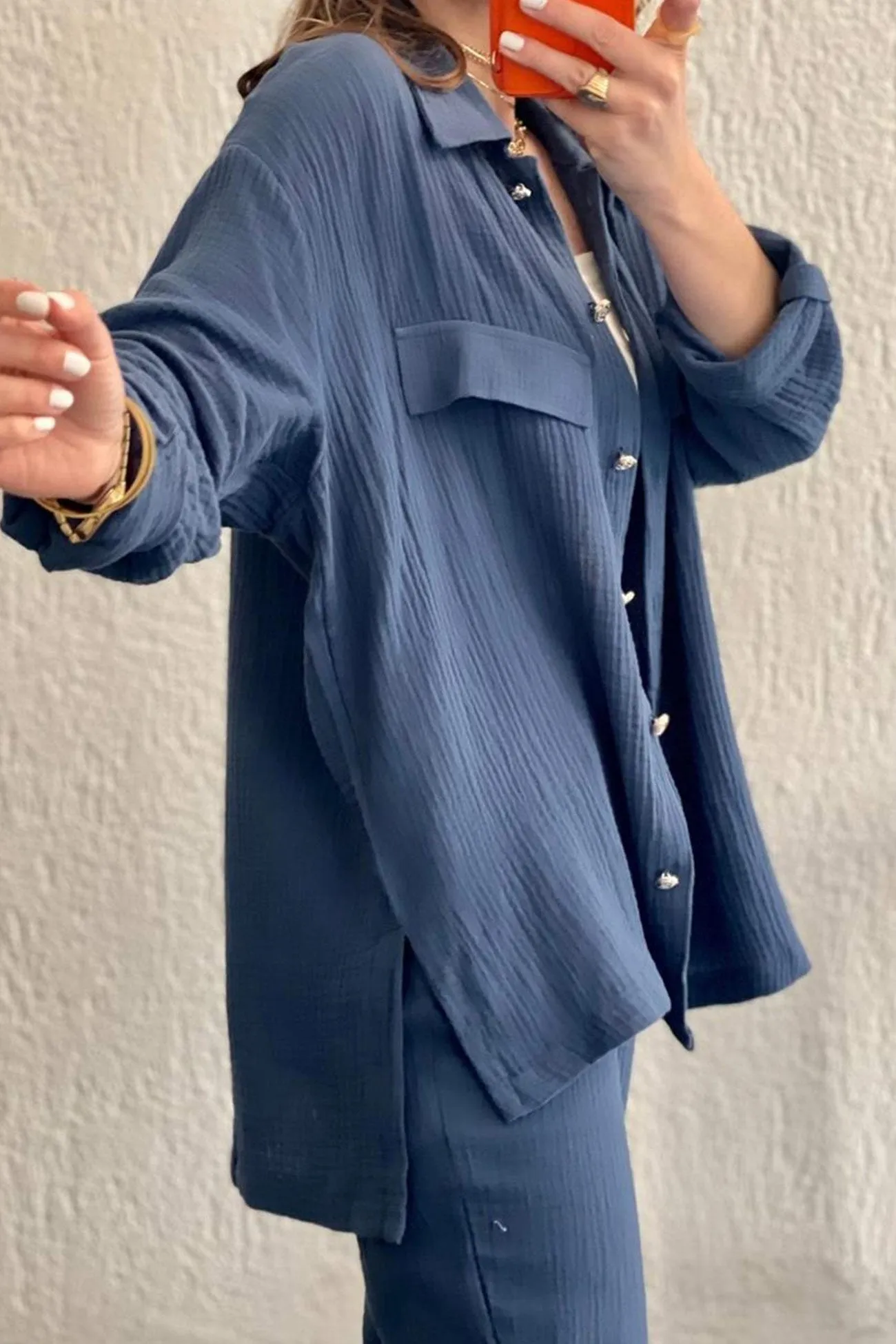 Long Sleeve Pocketed Slit Shirt Long Pants Suits