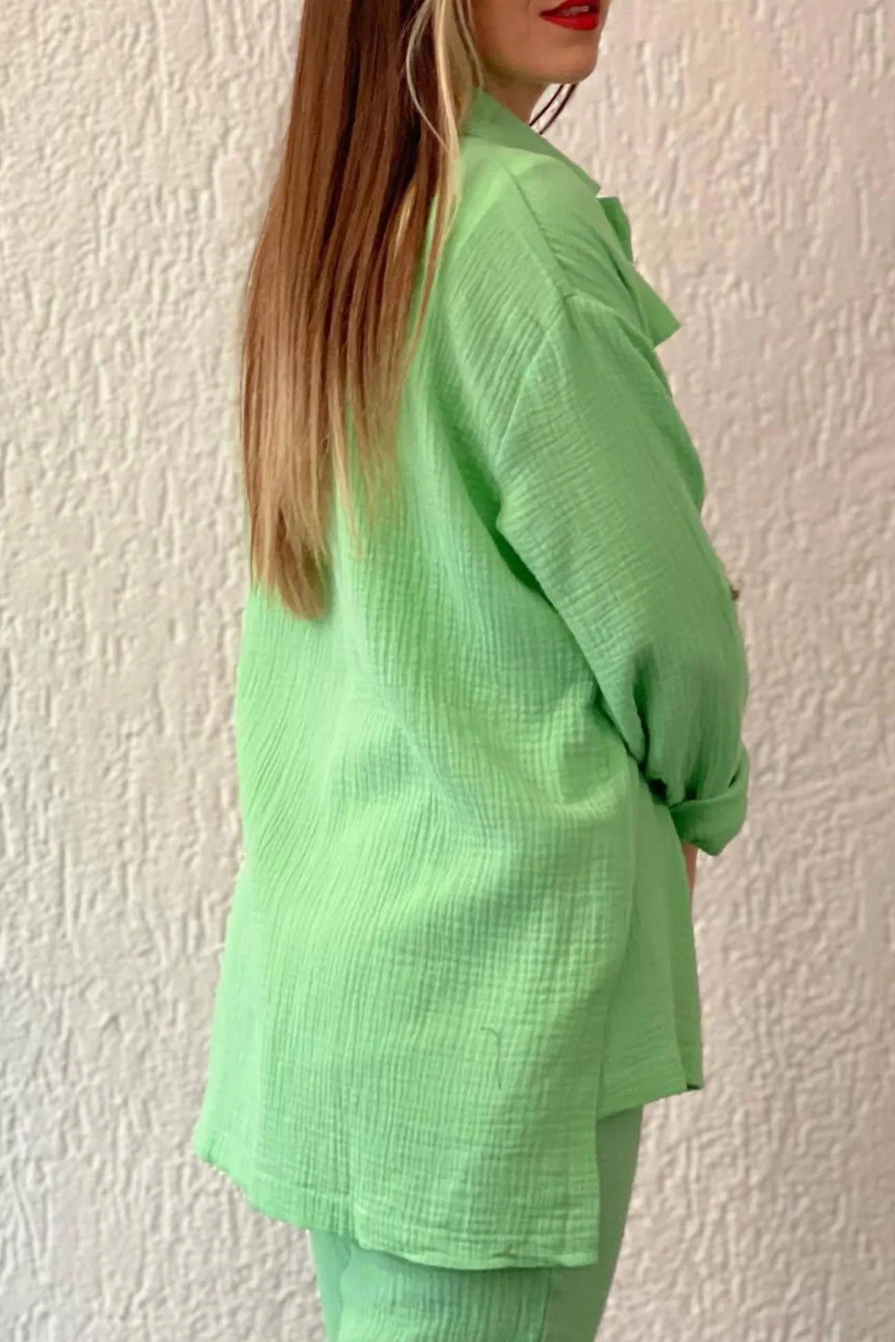 Long Sleeve Pocketed Slit Shirt Long Pants Suits