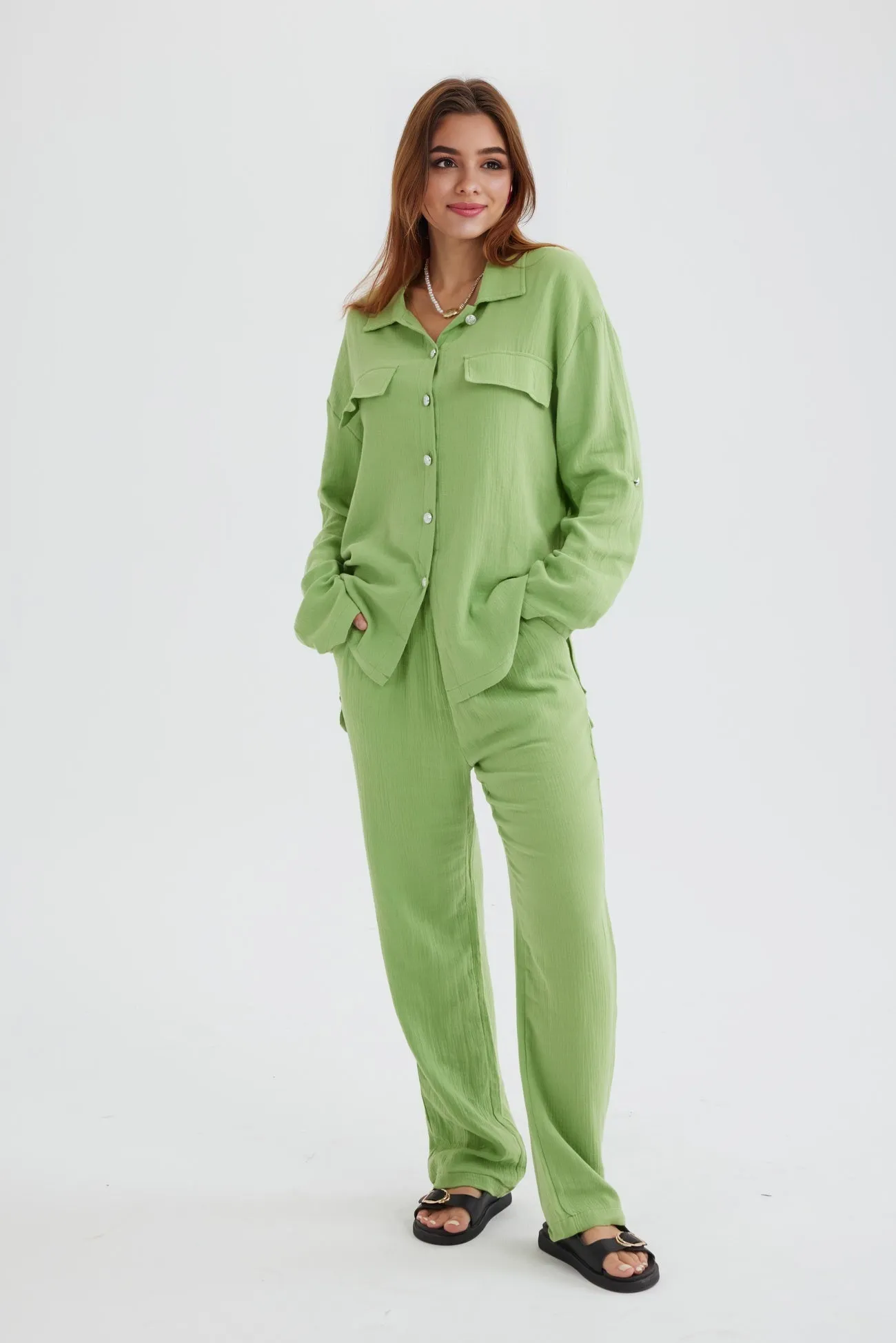 Long Sleeve Pocketed Slit Shirt Long Pants Suits