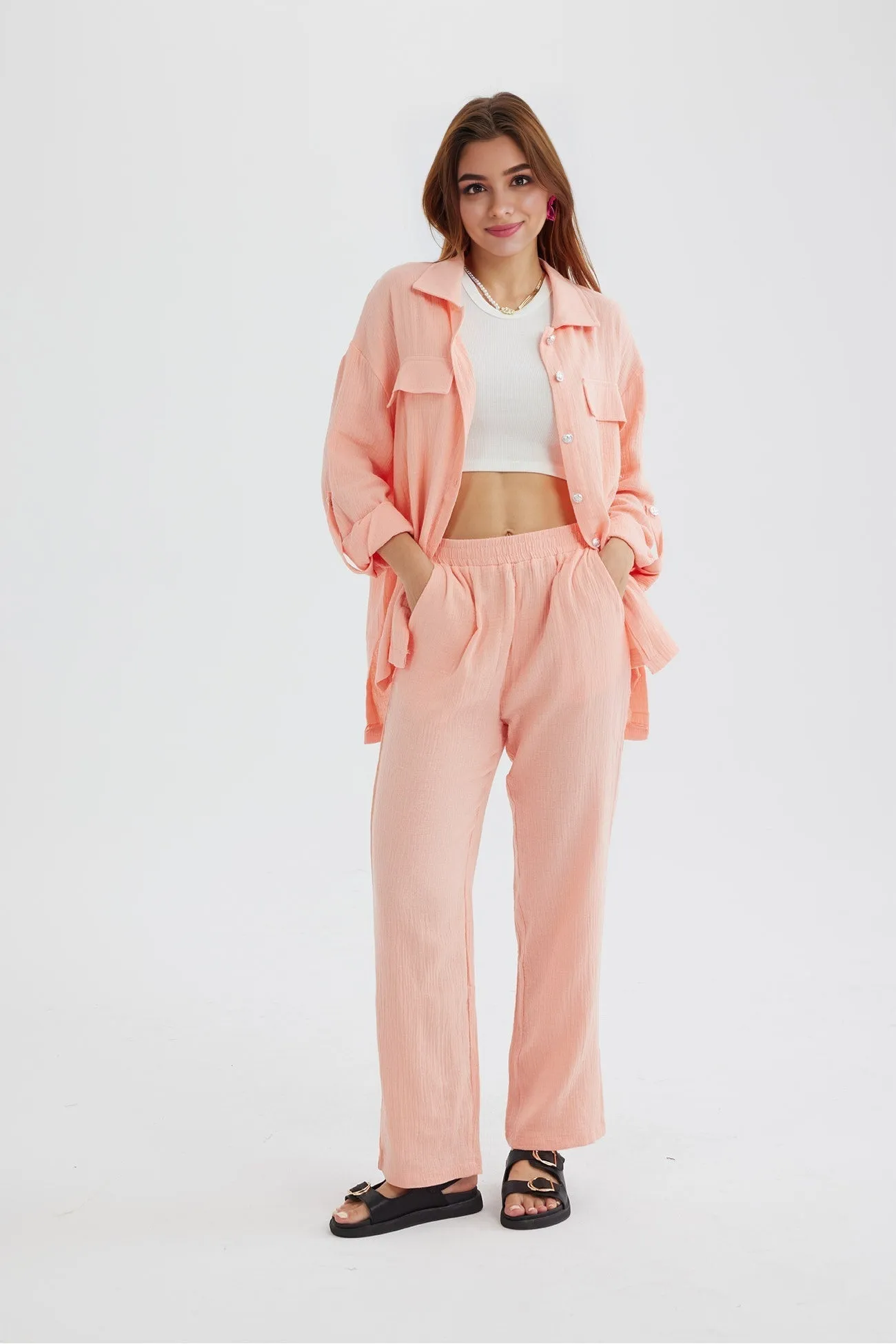 Long Sleeve Pocketed Slit Shirt Long Pants Suits