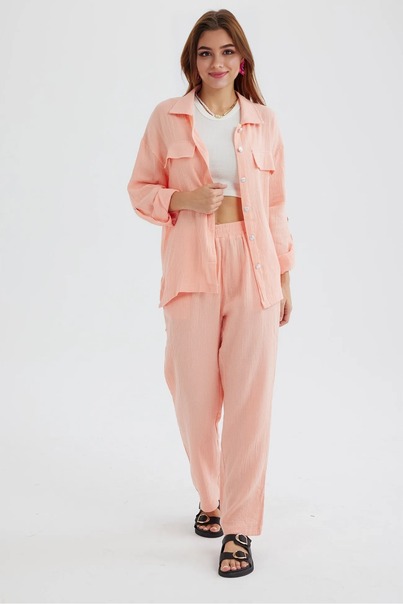 Long Sleeve Pocketed Slit Shirt Long Pants Suits