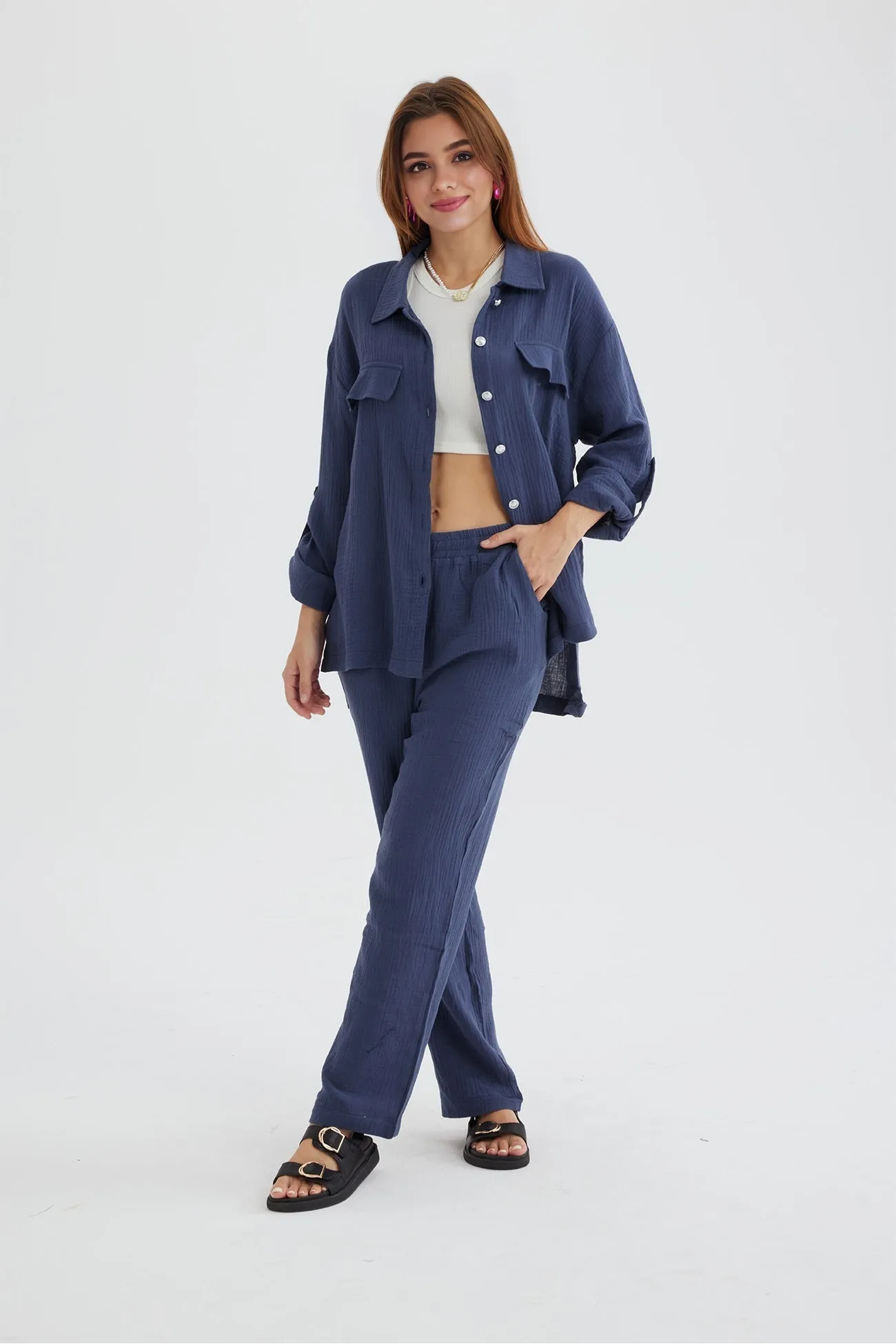 Long Sleeve Pocketed Slit Shirt Long Pants Suits