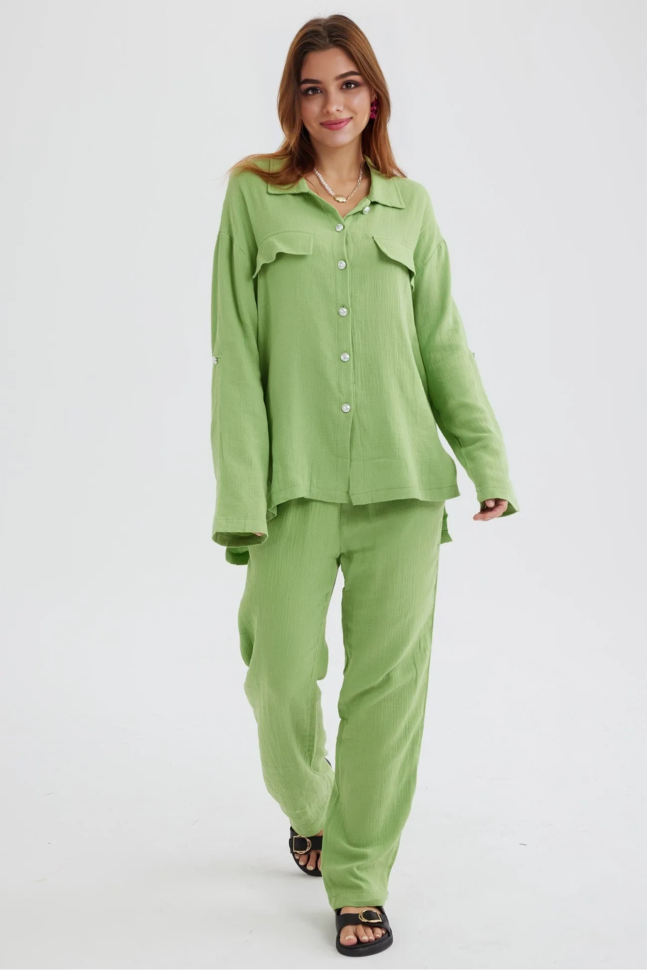 Long Sleeve Pocketed Slit Shirt Long Pants Suits