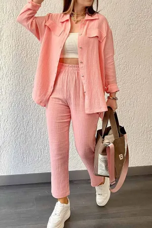 Long Sleeve Pocketed Slit Shirt Long Pants Suits