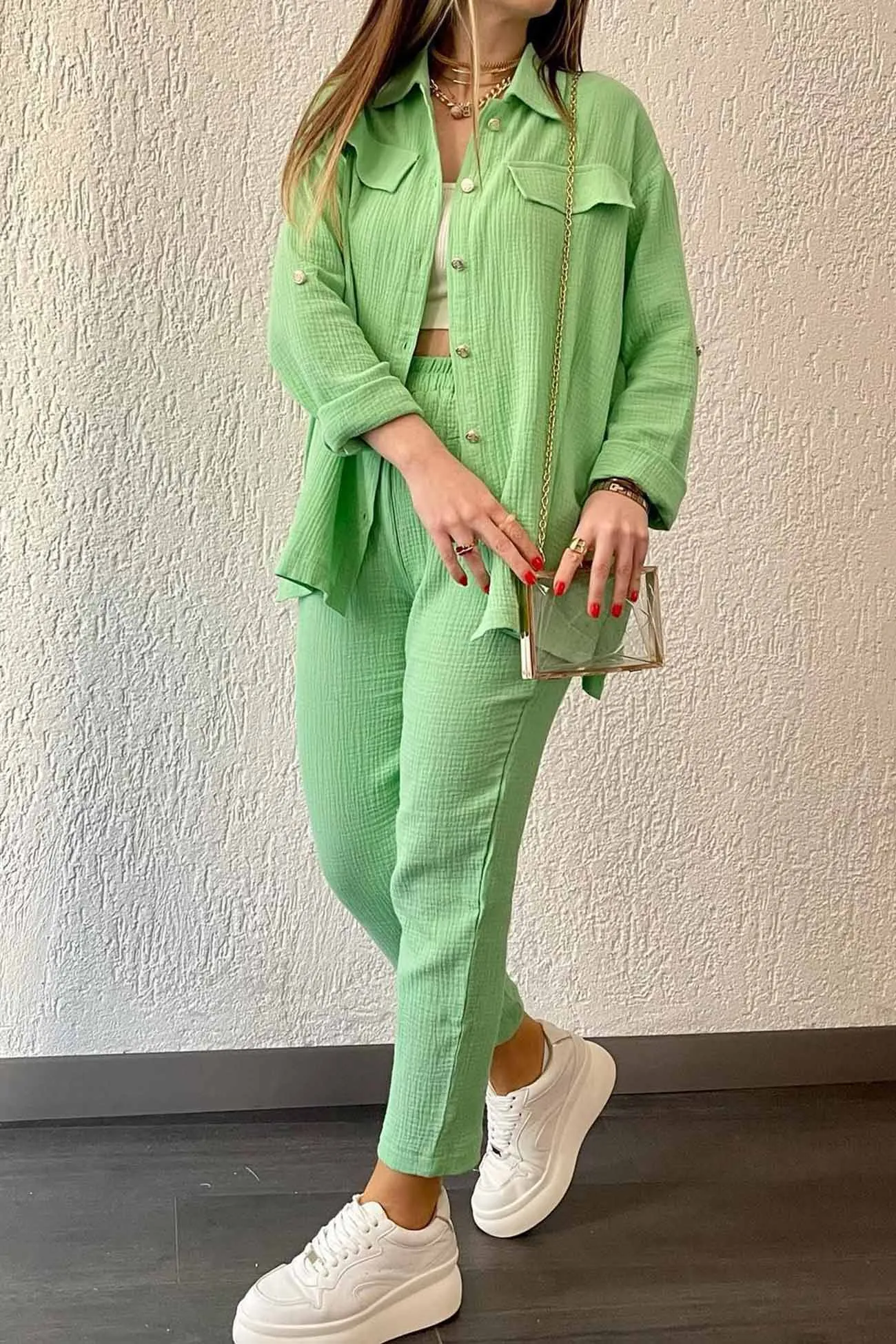Long Sleeve Pocketed Slit Shirt Long Pants Suits