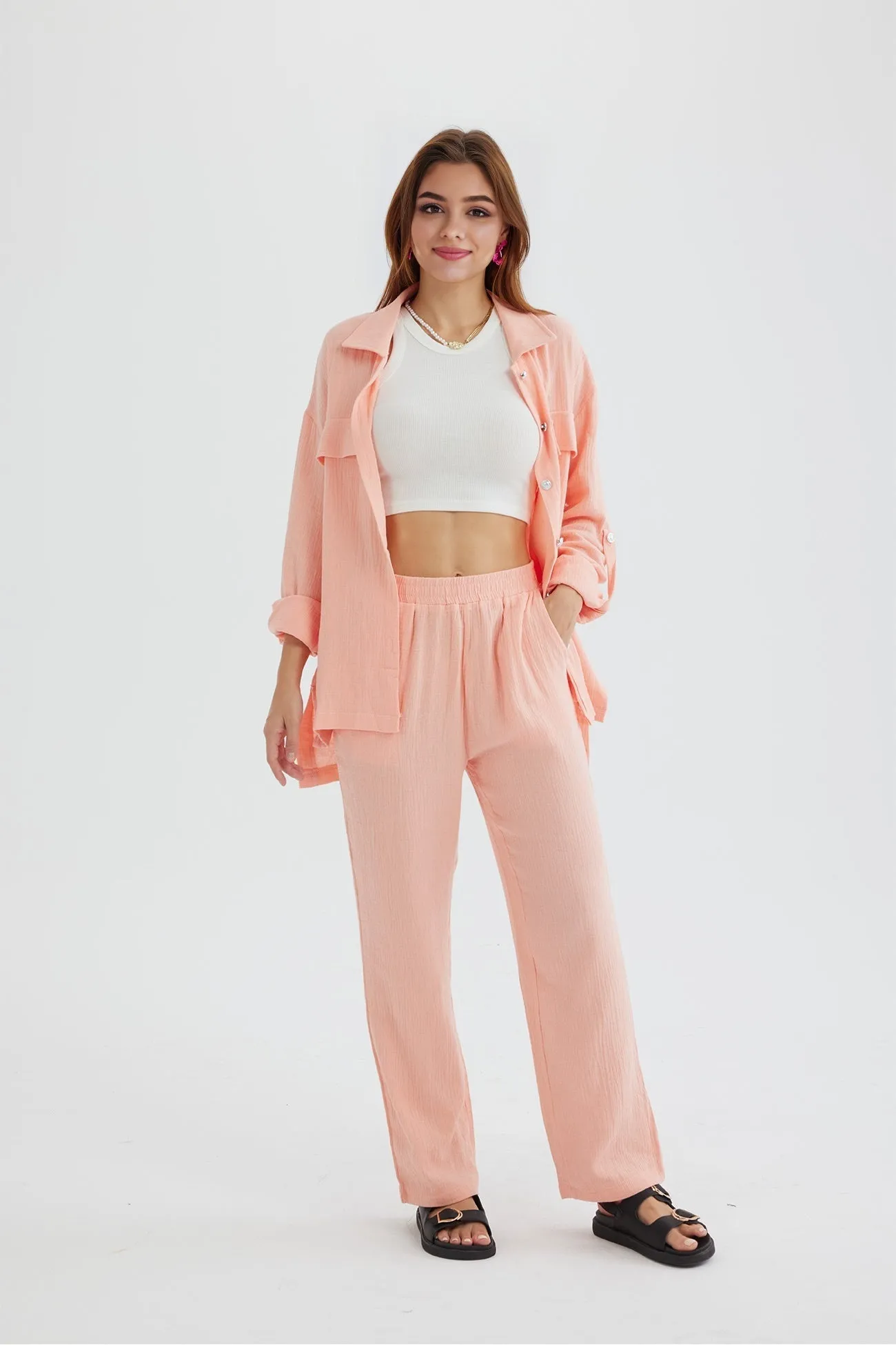 Long Sleeve Pocketed Slit Shirt Long Pants Suits
