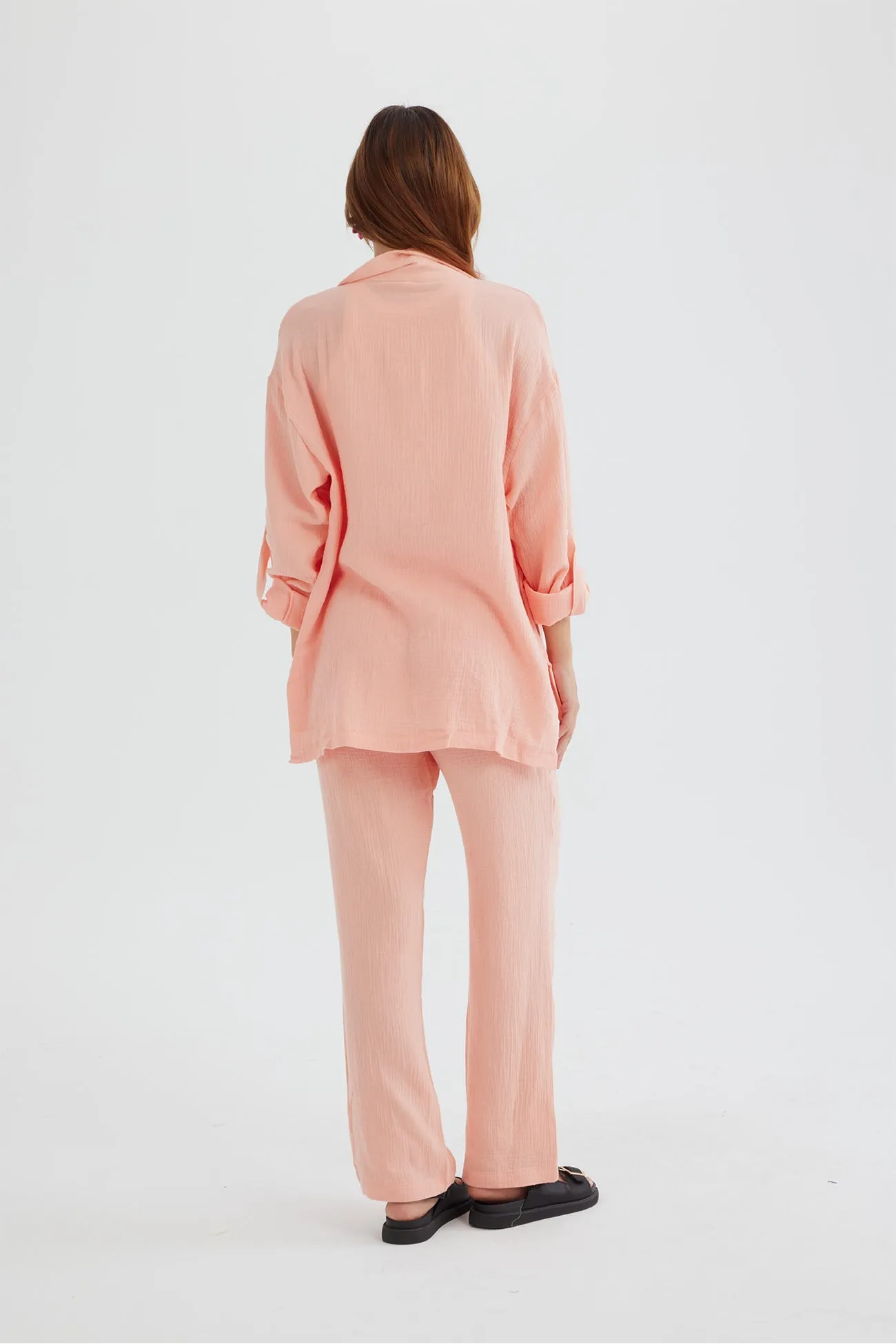 Long Sleeve Pocketed Slit Shirt Long Pants Suits