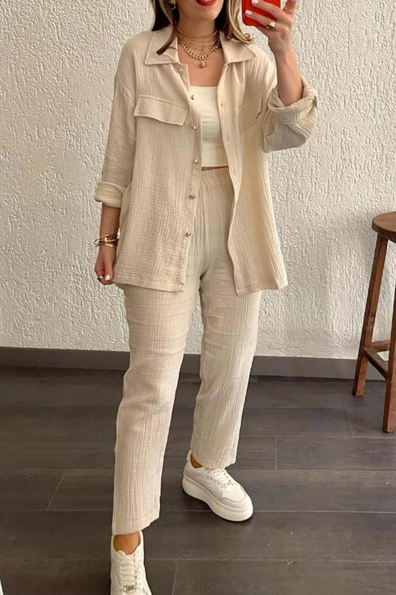 Long Sleeve Pocketed Slit Shirt Long Pants Suits