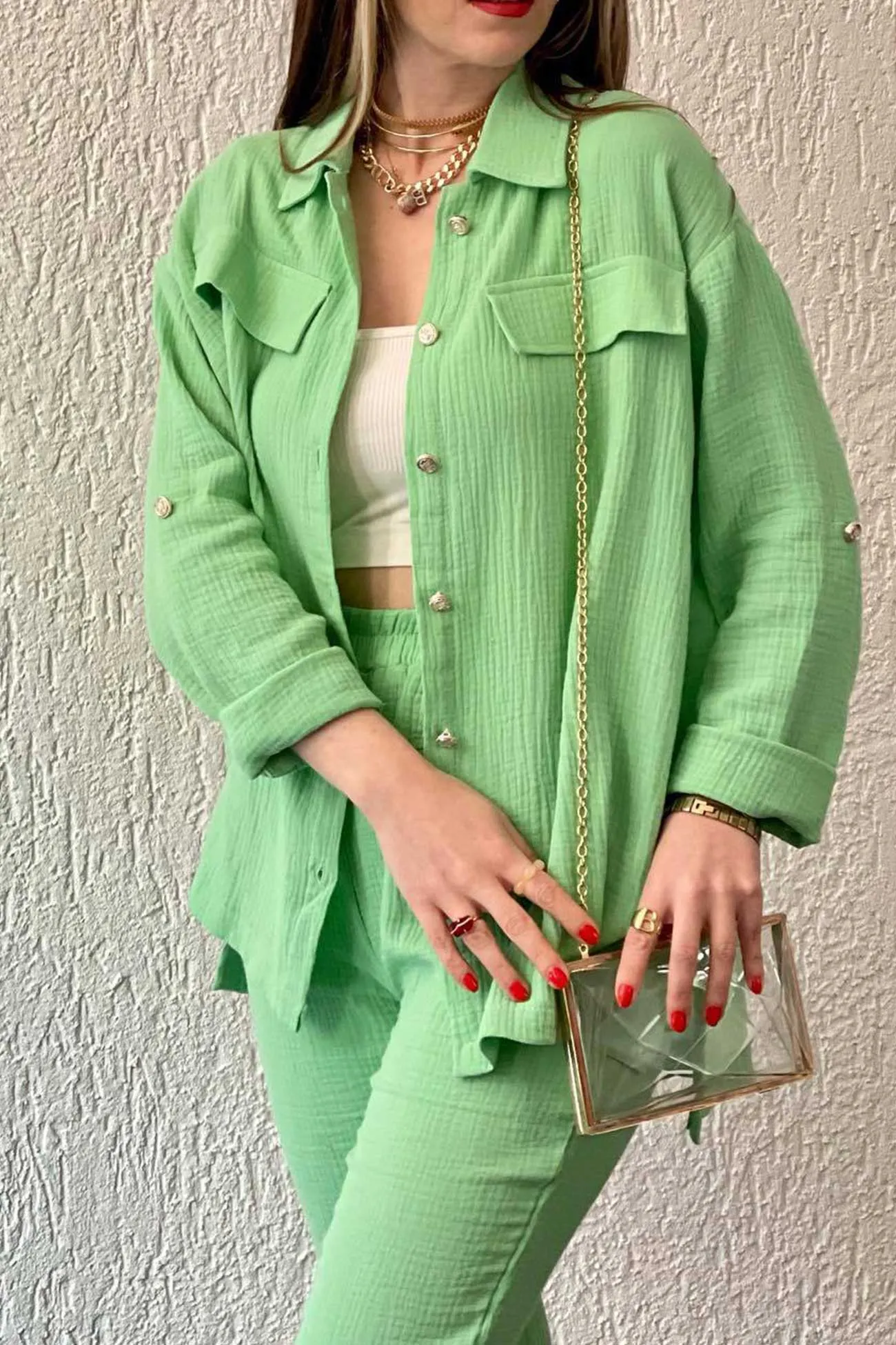 Long Sleeve Pocketed Slit Shirt Long Pants Suits
