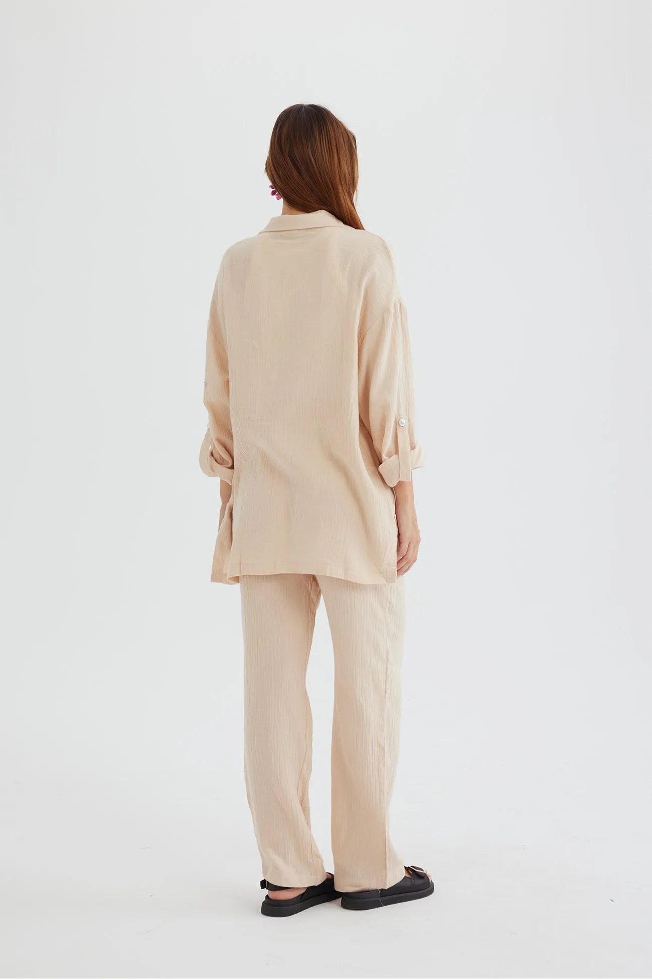 Long Sleeve Pocketed Slit Shirt Long Pants Suits