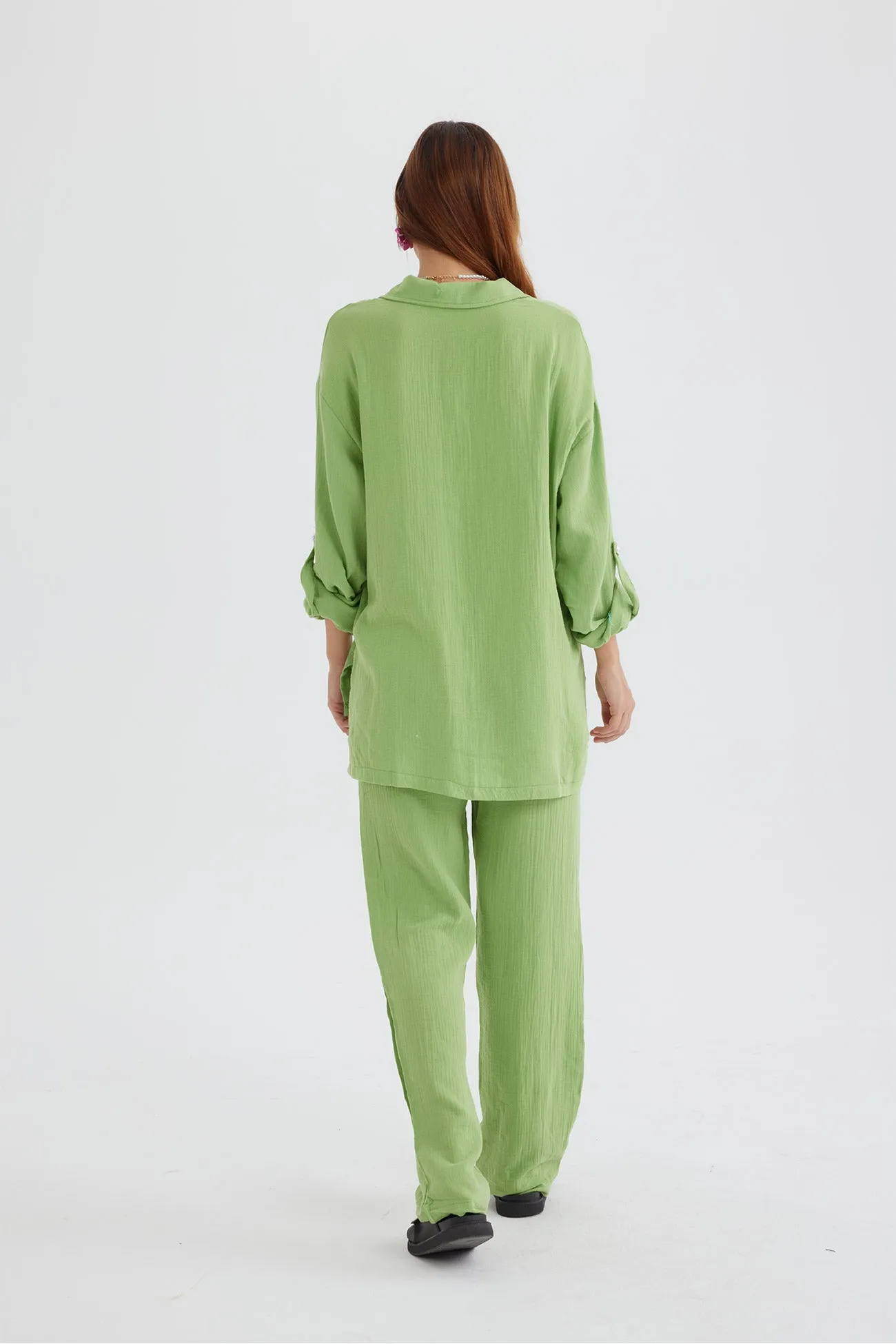 Long Sleeve Pocketed Slit Shirt Long Pants Suits