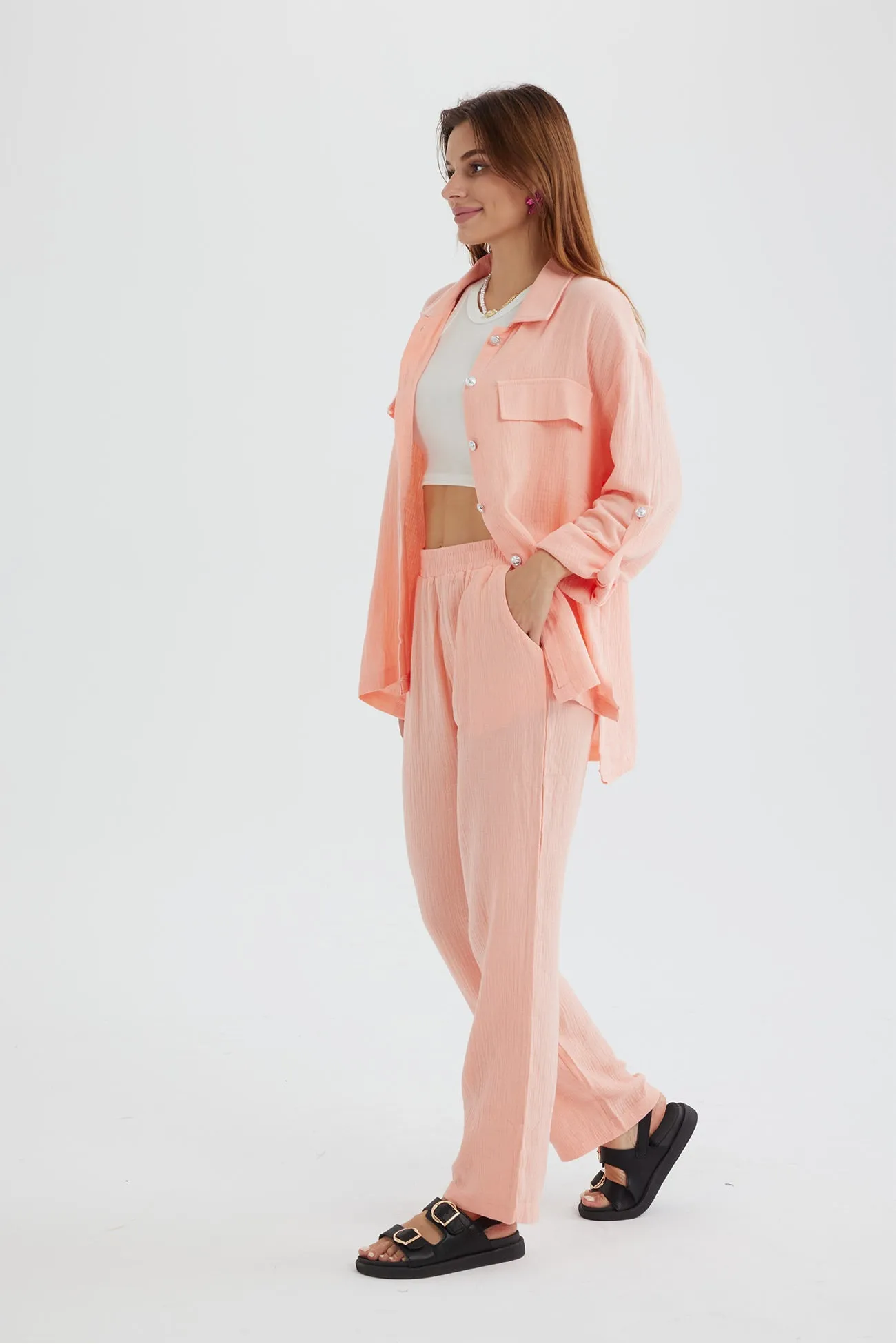 Long Sleeve Pocketed Slit Shirt Long Pants Suits