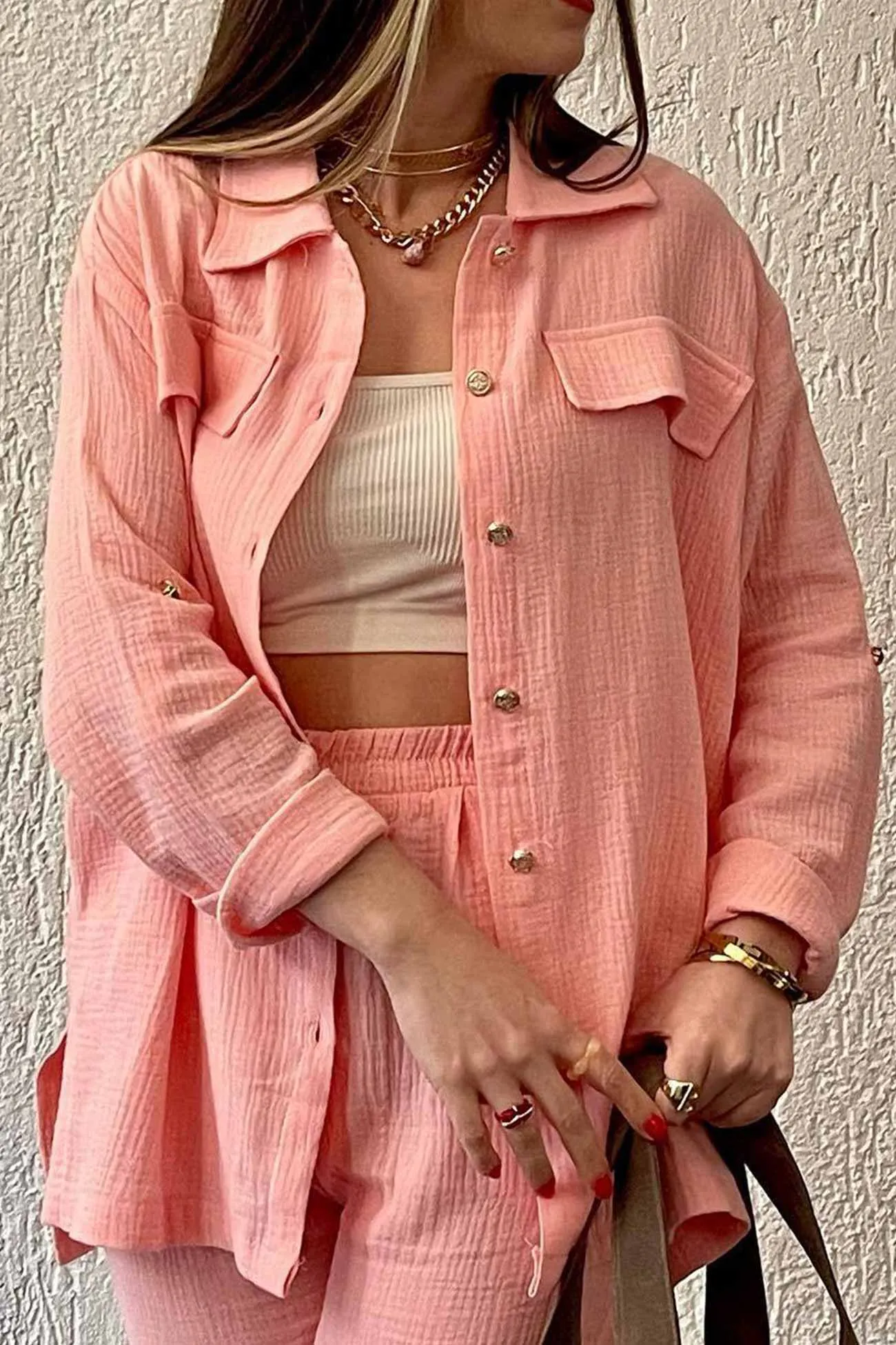 Long Sleeve Pocketed Slit Shirt Long Pants Suits