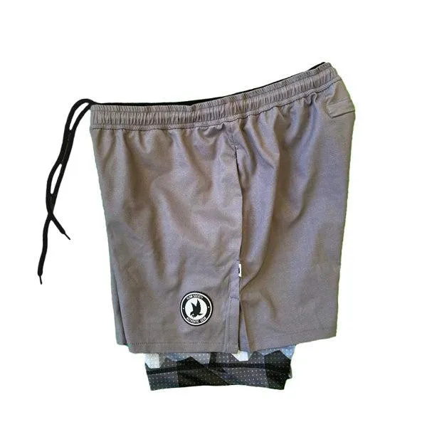 Mens 2-1 Compression Solid Charcoal Eagle Camo 7" Shorts