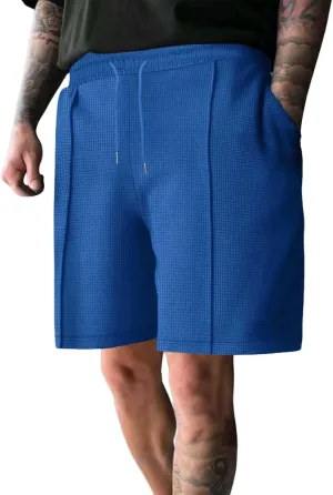 Mens Outdoor Fashion Shorts Waffle Casual Summer Wide Leg Bermuda Shorts with Pockets Elastic Waist Casual Loose Sweat Shorts