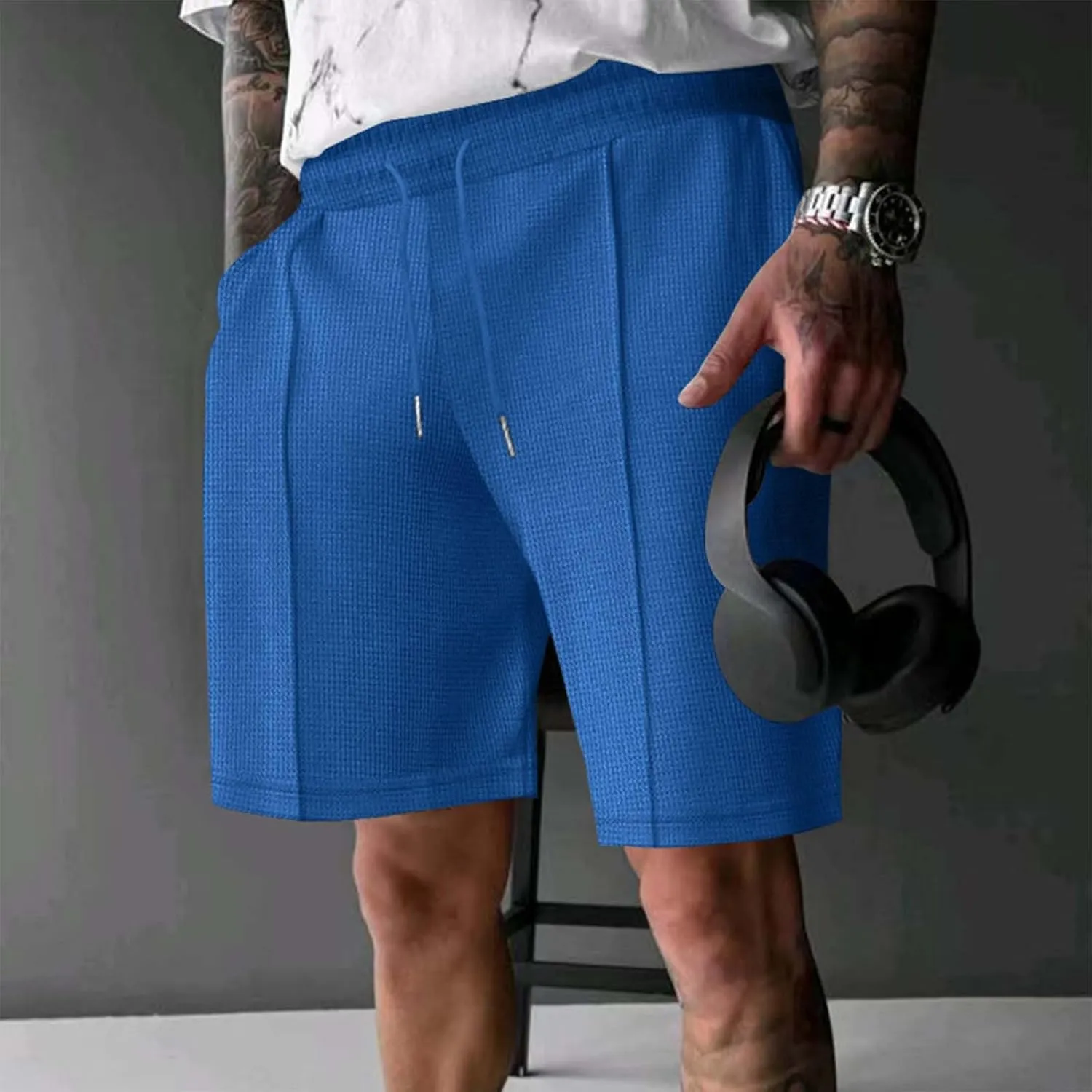 Mens Outdoor Fashion Shorts Waffle Casual Summer Wide Leg Bermuda Shorts with Pockets Elastic Waist Casual Loose Sweat Shorts