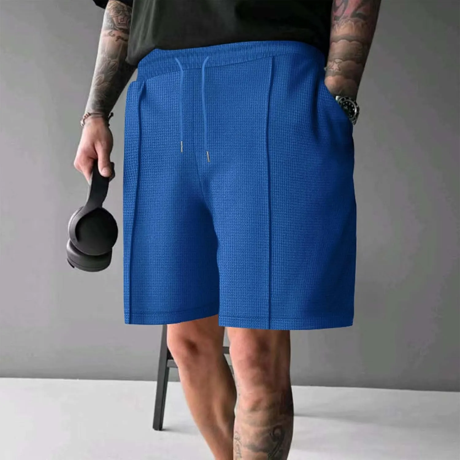 Mens Outdoor Fashion Shorts Waffle Casual Summer Wide Leg Bermuda Shorts with Pockets Elastic Waist Casual Loose Sweat Shorts
