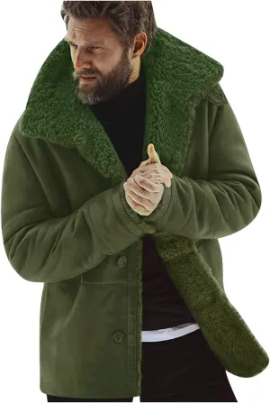 Men's Shearling Leather Coat Faux Suede Sherpa Lined Sheepskin Jacket Turn-Down Collar Warm Winter Jacket with Buttons